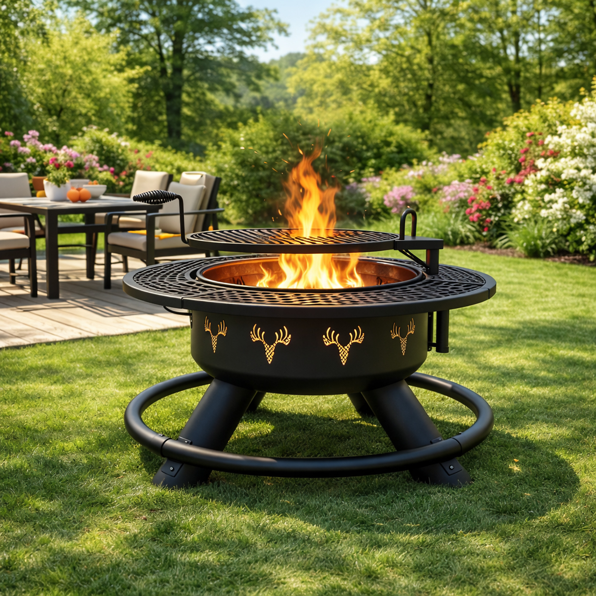 Red Mountain Valley Fire Pit with BBQ Grate — 47in., 29in. Diameter, Deer Head, Model# 2A-OC001