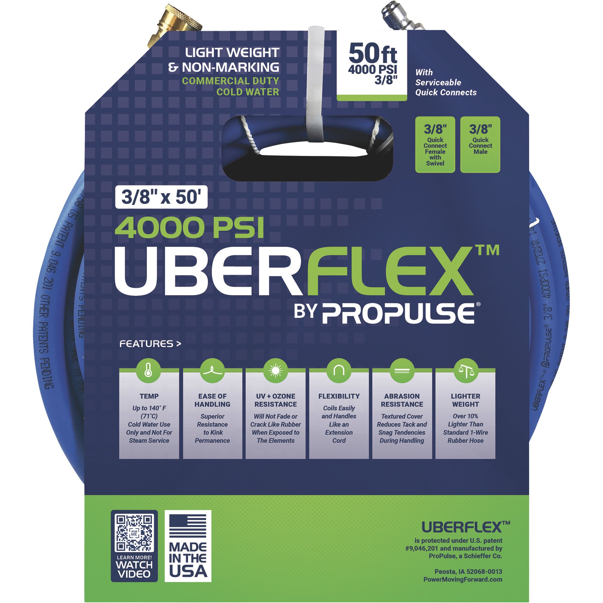 UBERFLEX 4,000 PSI 3/8 x 50' Blue Flexible & Light Weight Hose w/QC  Couplers