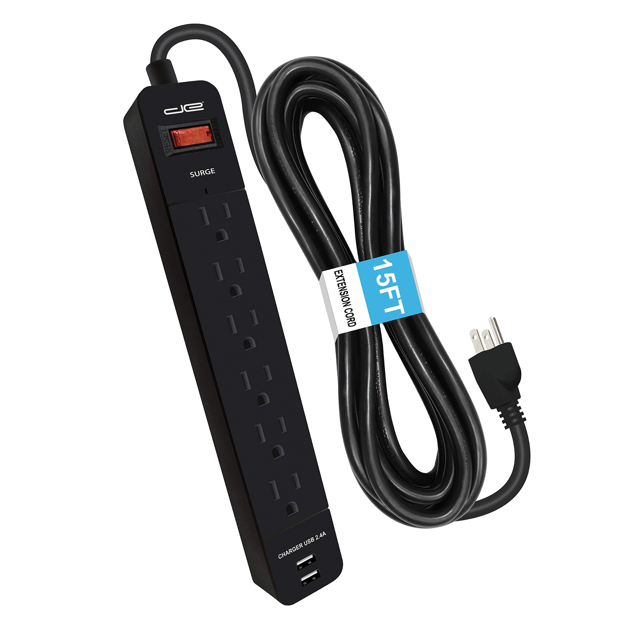 Digital Energy, 6-Outlet Surge Protector with 2 USB Ports, Black, Cord Length 15 ft, Cable Gauge 14/3 Amps 15 Model# ENR1-1007