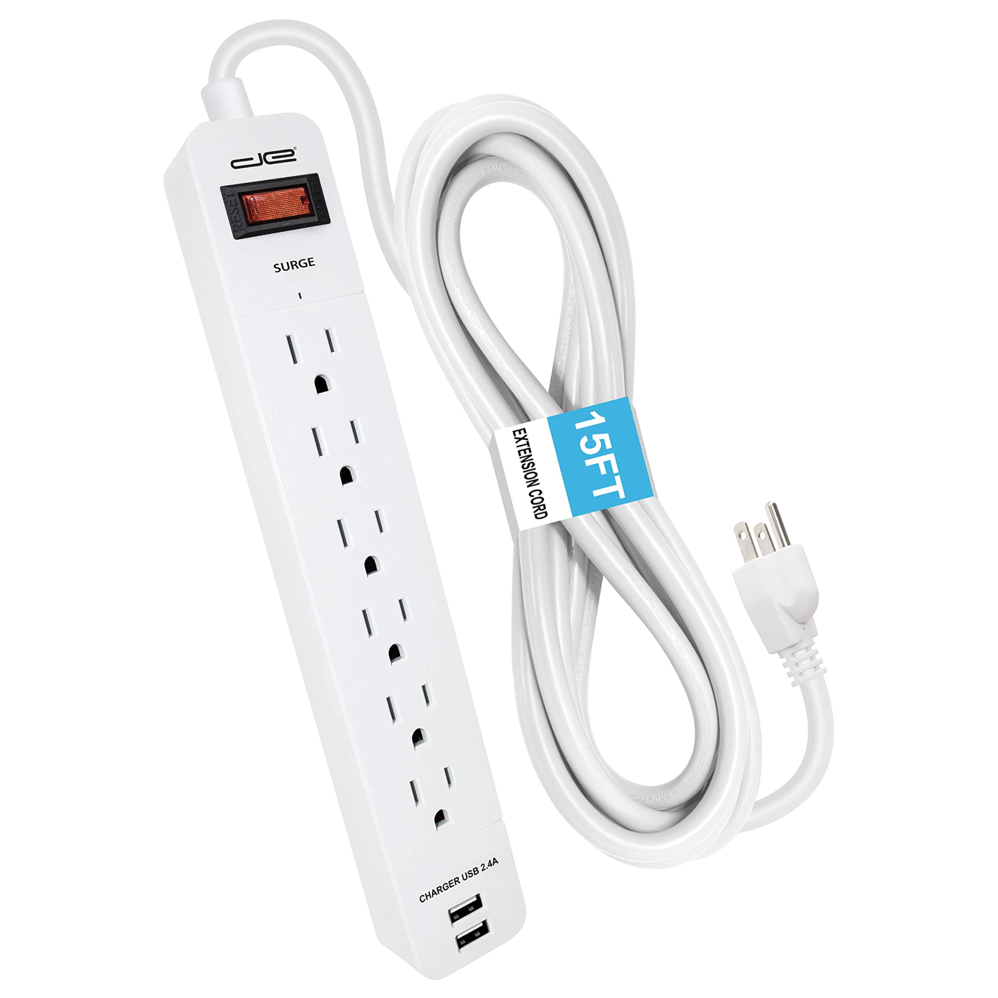 Digital Energy, 6-Outlet Surge Protector with 2 USB Ports, White, Cord Length 15 ft, Cable Gauge 14/3 Amps 15 Model# ENR1-1005