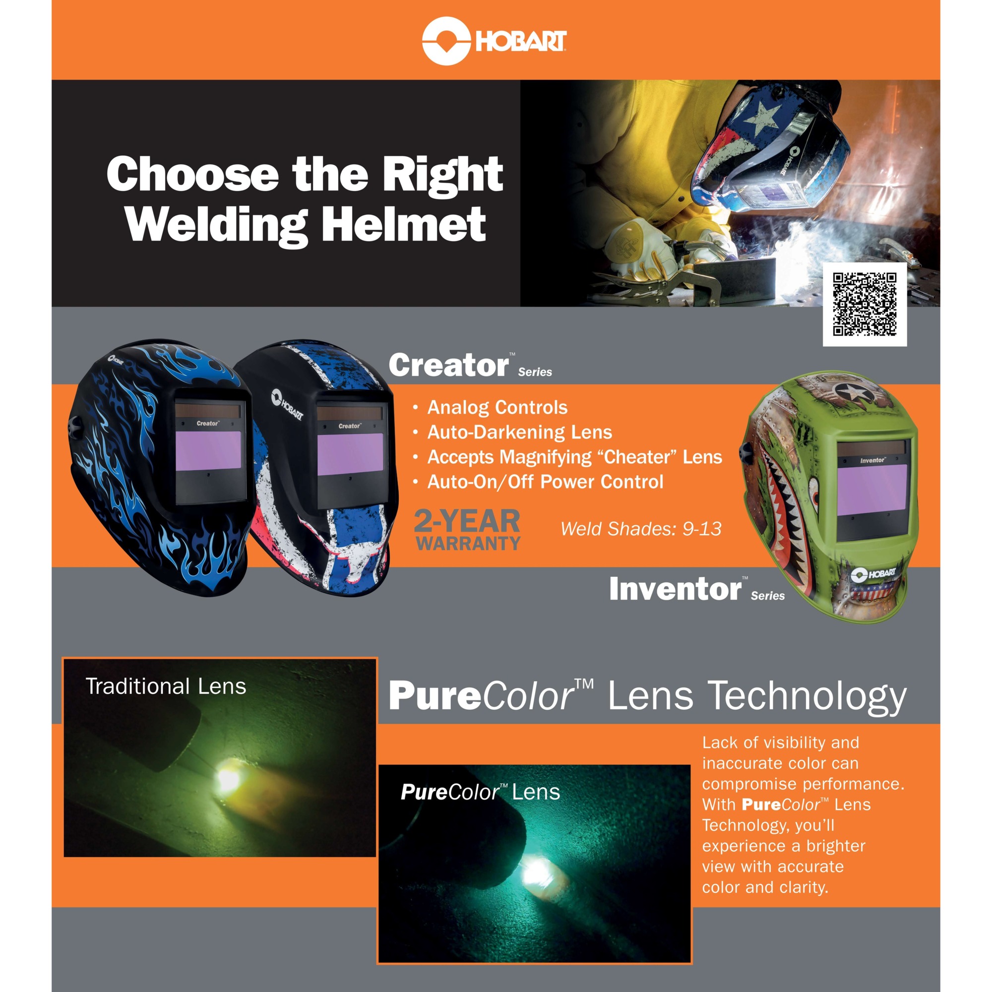 Hobart, Inventor Series Weld Helmet, AutoDark, Firey, Auto Darkening
