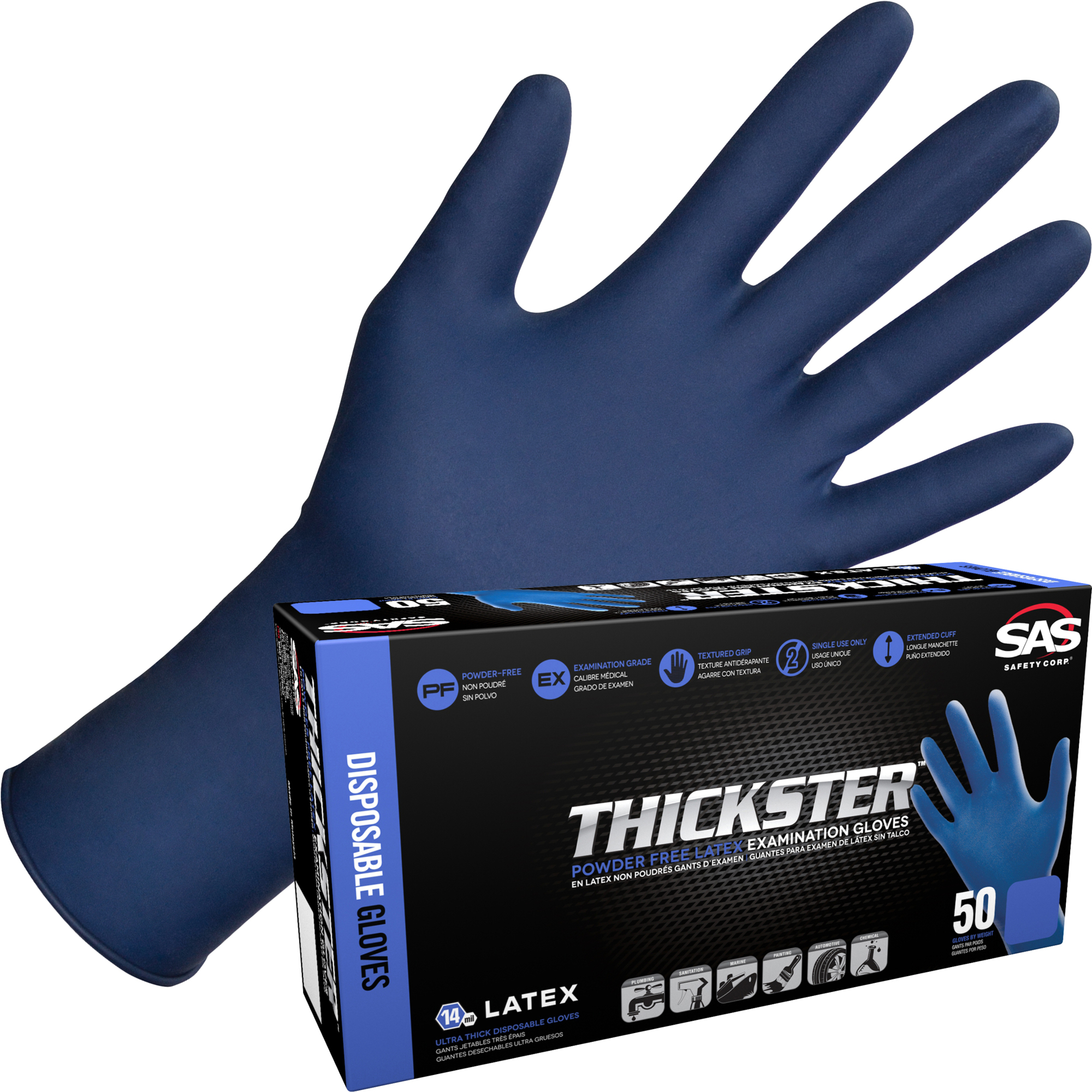 SAS Safety, Thickster Powder-Free Latex Disposable Gloves - 14 Mil, 12in. Length, Blue, 50 Pk., Size M, Model# 6602-20