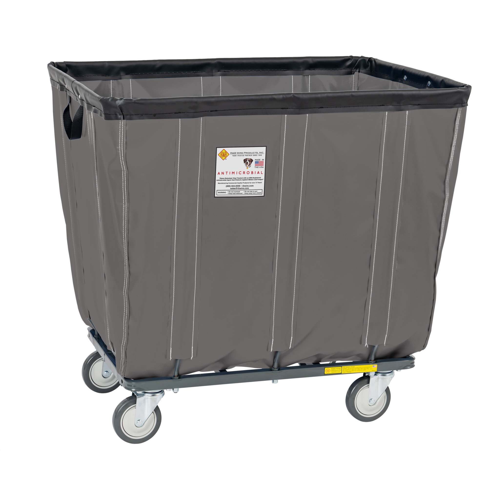 R&B Wire Products, Inc., Antimicrobial Vinyl Basket Truck w/ Steel Base, Capacity 600 lb, Capacity Volume 15 ft³, Color Gray, Model# 412SOC/ANTI/GRY