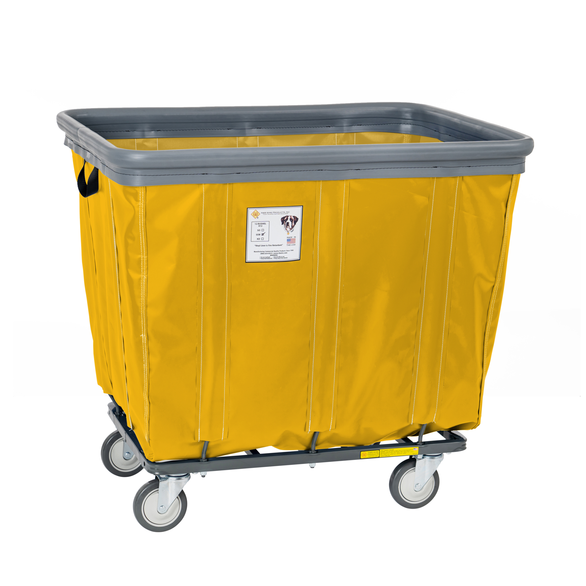 R&B Wire Products, Inc., Vinyl Basket Truck w/ Air Cushion Bumper, Capacity 600 lb, Capacity Volume 15 ft³, Color Yellow, Model# 412SOBC/YEL