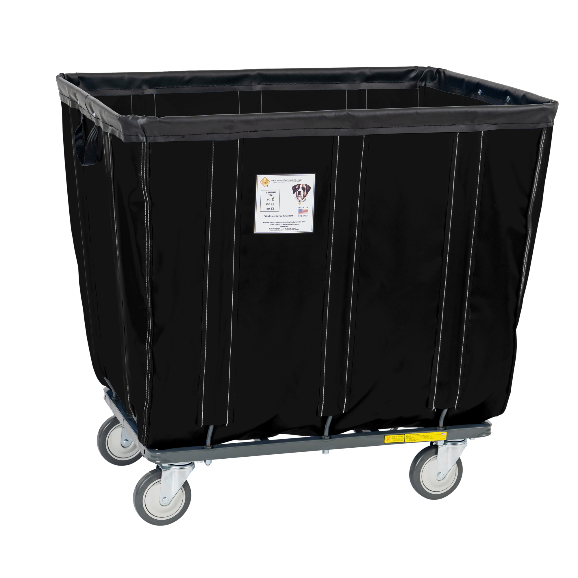 R&B Wire Products, Inc., 12 Bushel Vinyl Basket Truck with Steel Base, Capacity 600 lb, Capacity Volume 15 ft³, Color Black, Model# 412SOC/BLK