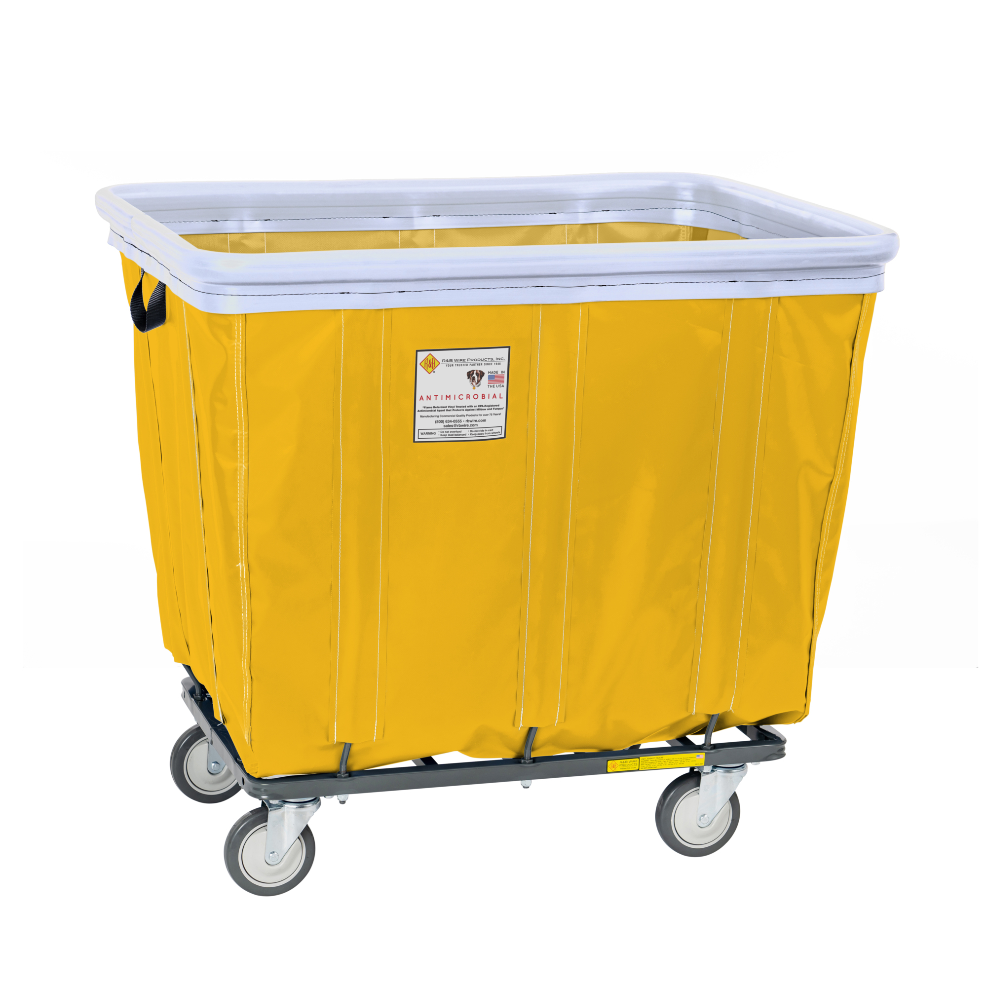 R&B Wire Products, Inc., Antimicrobial Vinyl Basket Truck w/ Bumper, Capacity 600 lb, Capacity Volume 17 ft³, Color Yellow, Model# 414SOBC/ANTI/YEL