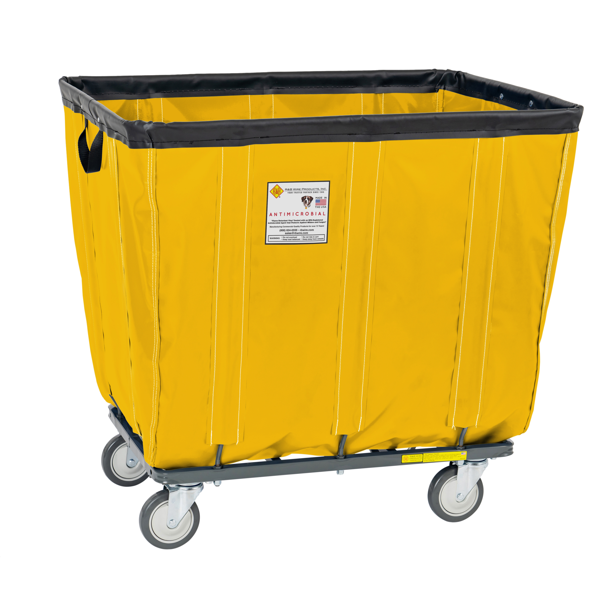 R&B Wire Products, Inc., Antimicrobial Vinyl Basket Truck w/ Steel Base, Capacity 600 lb, Capacity Volume 17 ft³, Color Yellow, Model# 414SOC/ANTI/YEL