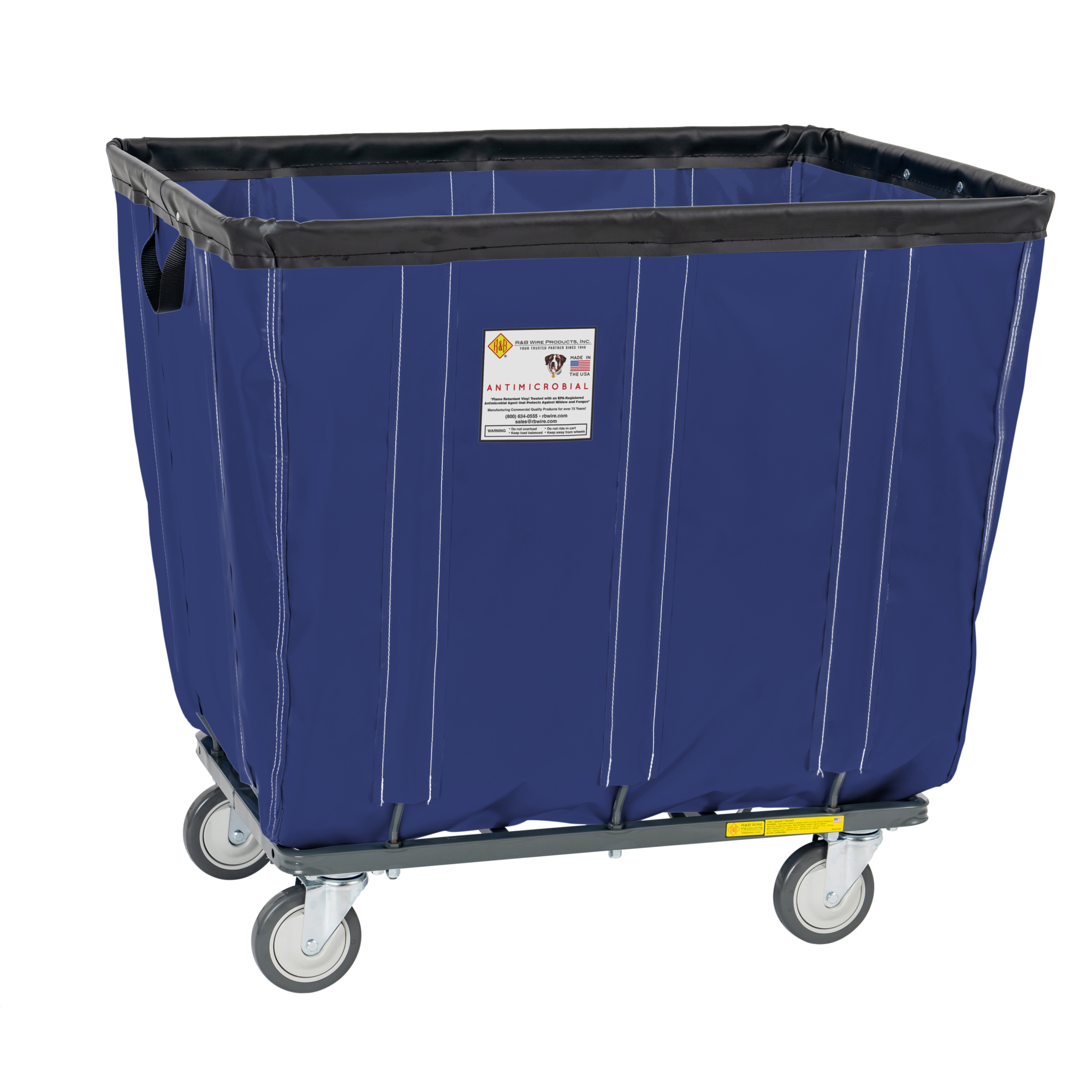 R&B Wire Products, Inc., Antimicrobial Vinyl Basket Truck w/ Steel Base, Capacity 600 lb, Capacity Volume 17 ft³, Color Navy, Model# 414SOC/ANTI/NVY
