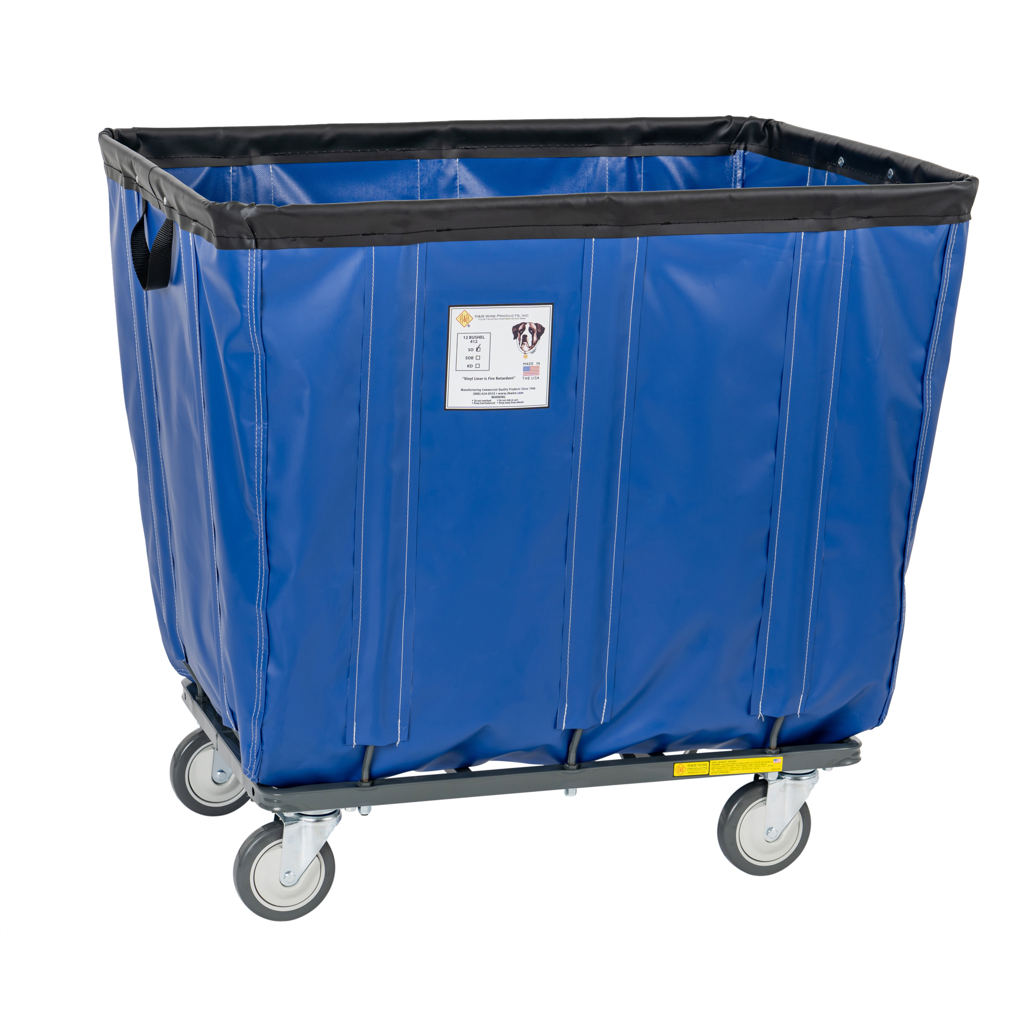 R&B Wire Products, Inc., 14 Bushel Vinyl Basket Truck with Steel Base, Blue, Capacity 600 lb, Capacity Volume 17 ft³, Color Blue, Model# 414SOC/BL