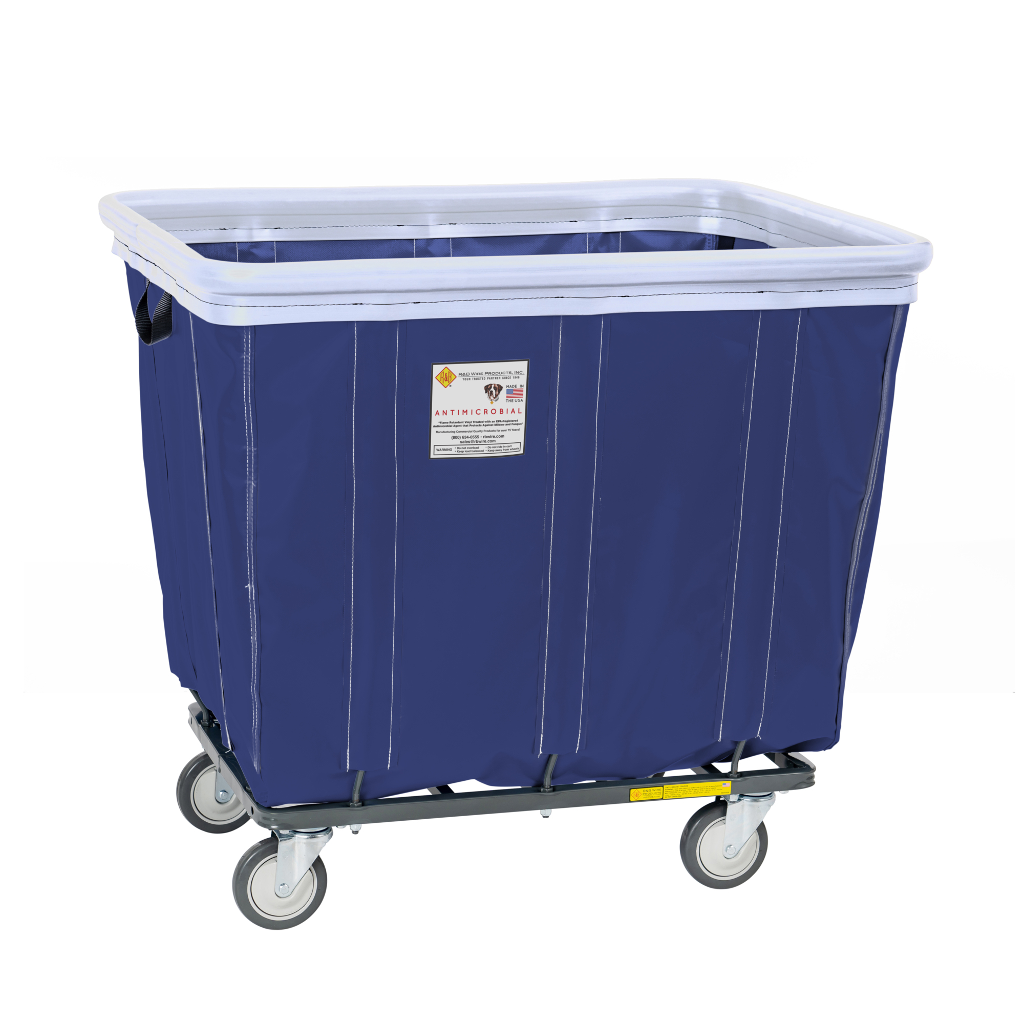 R&B Wire Products, Inc., Antimicrobial Vinyl Basket Truck w/ Bumper, Capacity 600 lb, Capacity Volume 17 ft³, Color Navy, Model# 416SOBC/ANTI/NVY