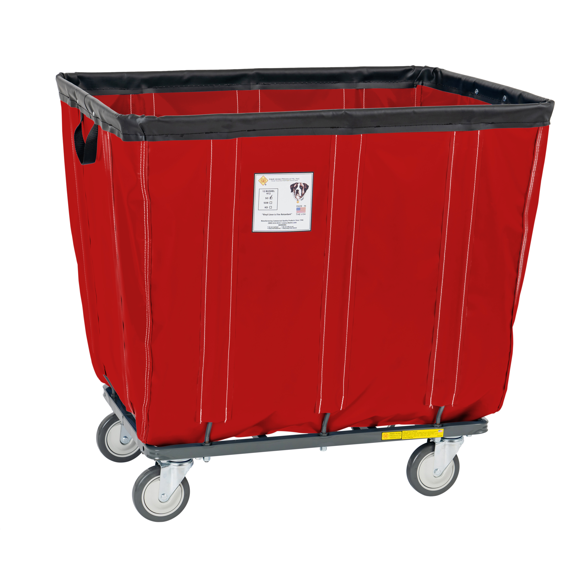 R&B Wire Products, Inc., 14 Bushel Vinyl Basket Truck with Steel Base, Red, Capacity 600 lb, Capacity Volume 17 ft³, Color Red, Model# 414SOC/RD