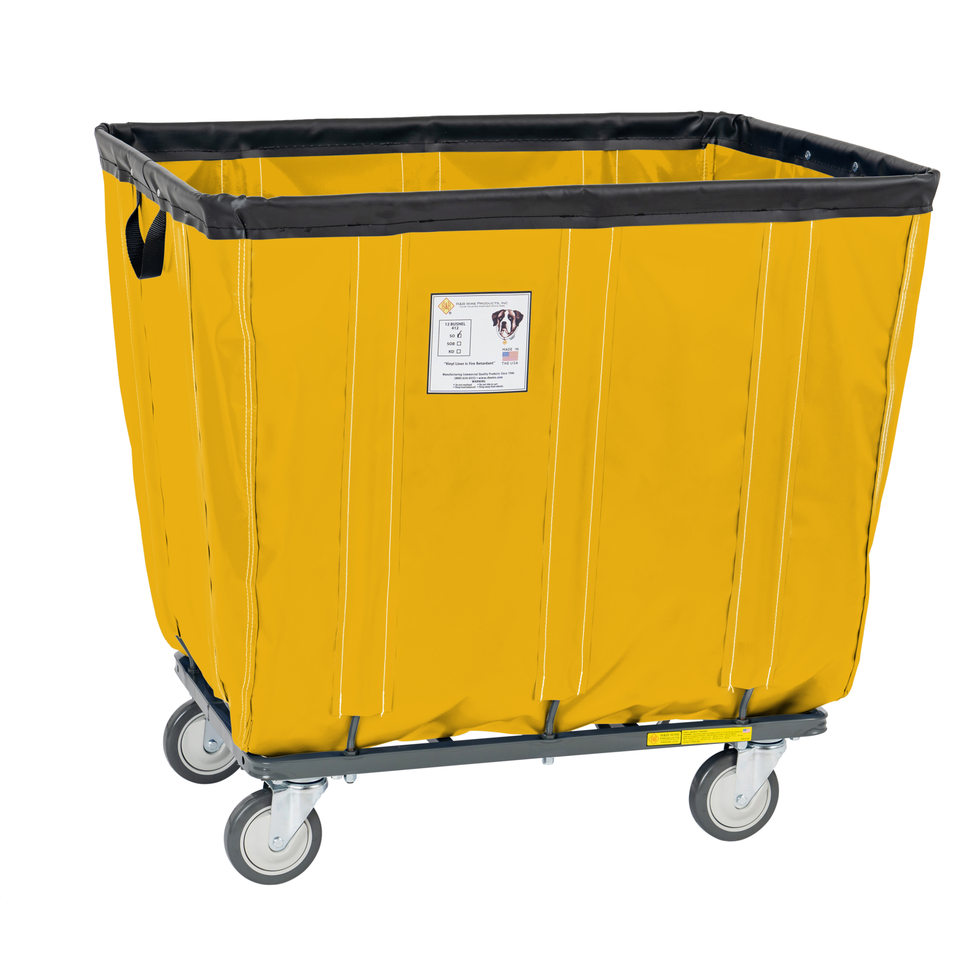 R&B Wire Products, Inc., 18 Bushel Vinyl Basket Truck with Steel Base, Capacity 600 lb, Capacity Volume 22 ft³, Color Yellow, Model# 418SOC/YEL