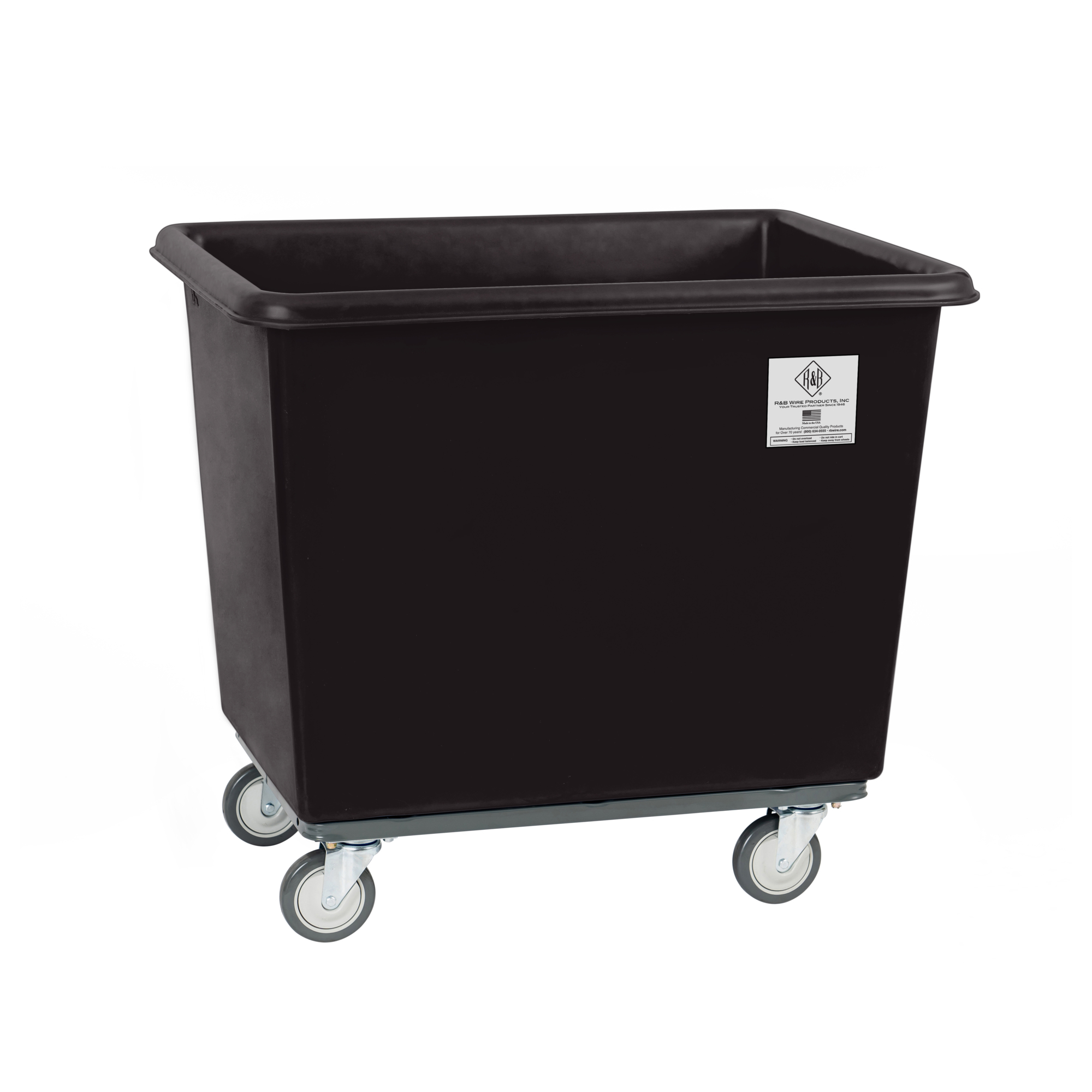 R&B Wire Products, Inc., 14 Bushel Poly Cube Truck with Steel Base, Black, Capacity 600 lb, Capacity Volume 17 ft³, Color Black, Model# 4614BLK