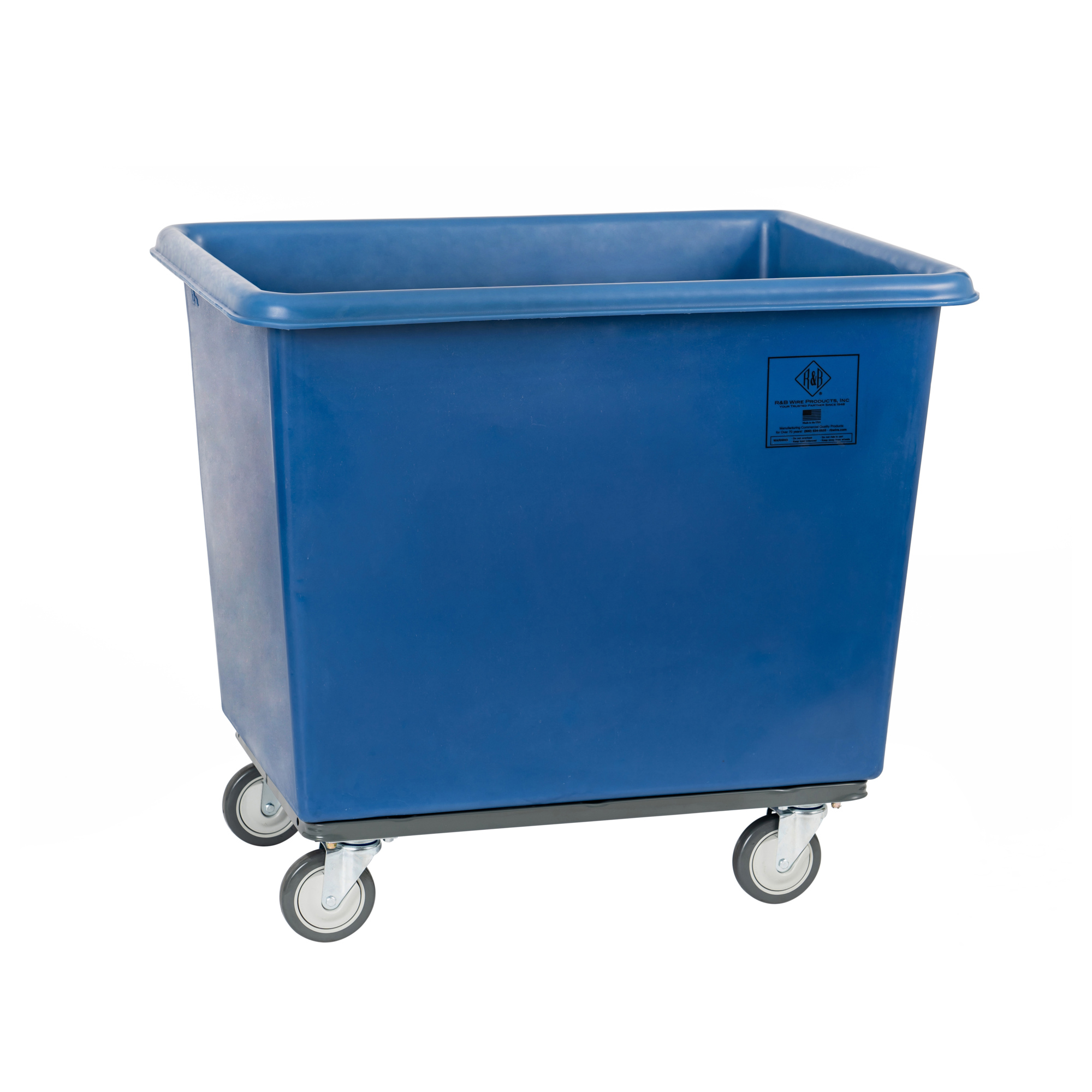 R&B Wire Products, Inc., 12 Bushel Poly Cube Truck with Steel Base, Blue, Capacity 600 lb, Capacity Volume 15 ft³, Color Blue, Model# 4612B