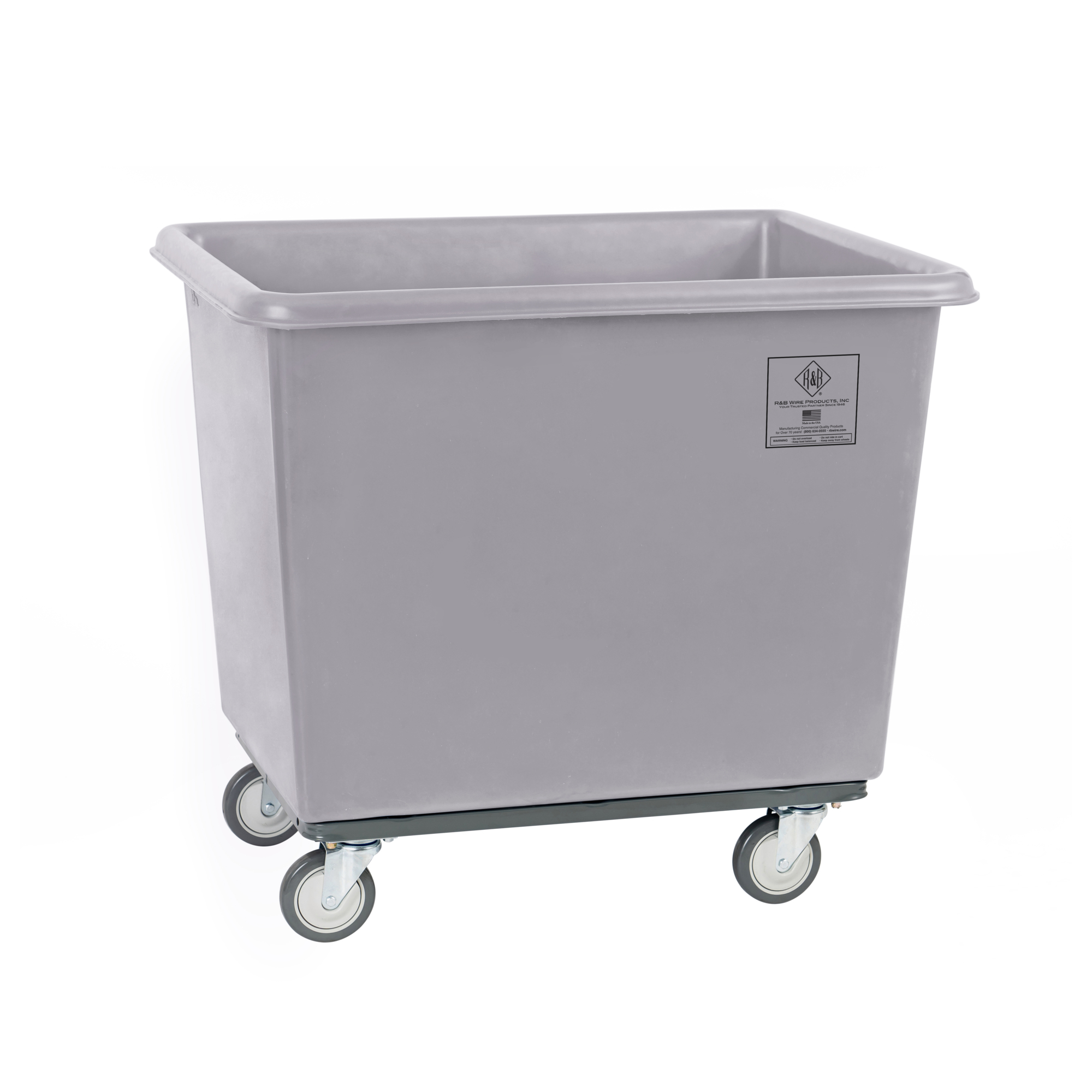 R&B Wire Products, Inc., 14 Bushel Poly Cube Truck with Steel Base, Gray, Capacity 600 lb, Capacity Volume 17 ft³, Color Gray, Model# 4614G