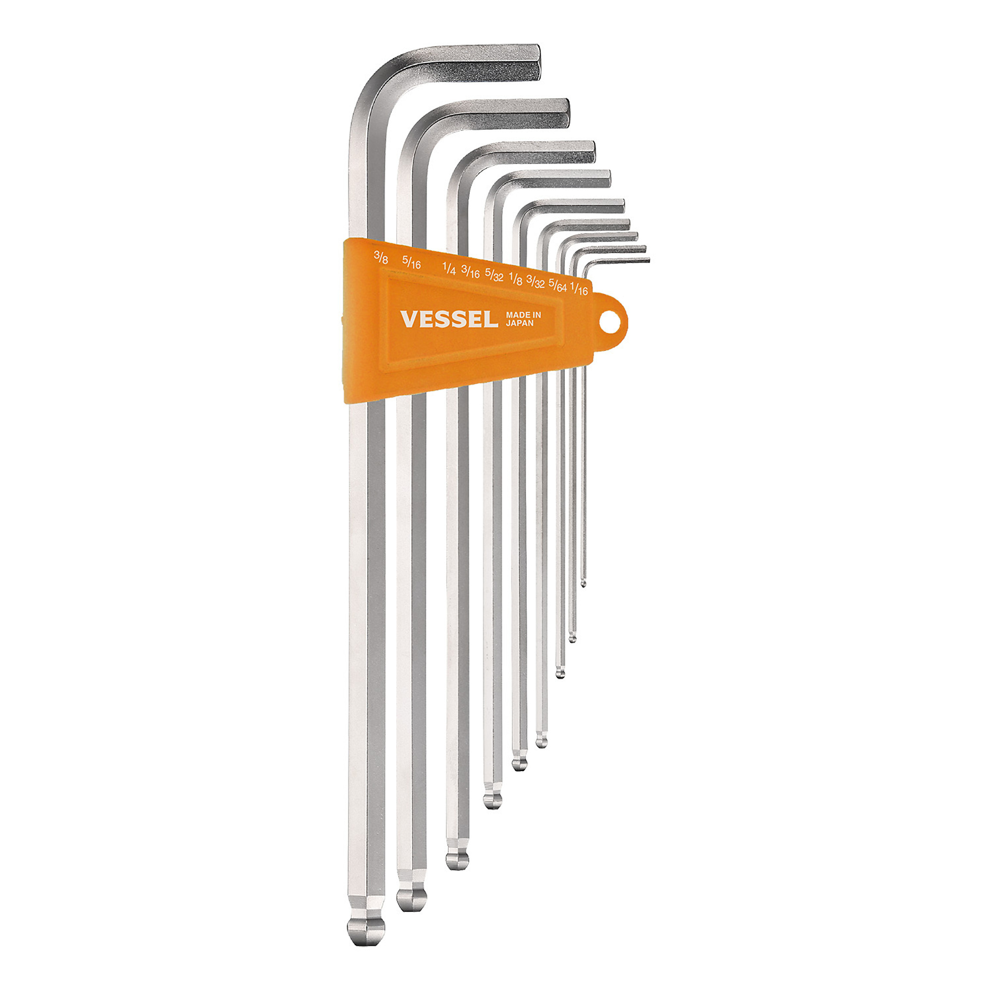 Vessel Ball Point Hex L-Key Wrench Set - Long Type, 9 Pcs, Magnetized Tip, Nickel-Plated, Model# 8309BPLU