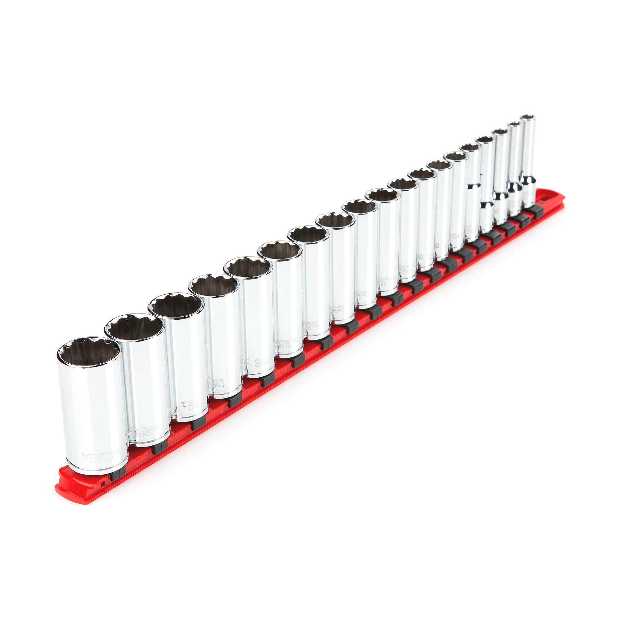 TEKTON 3/8 Inch Drive Deep 12-Point Socket Set with Rail, 19-Piece (6 - 24 mm) | SHD91116