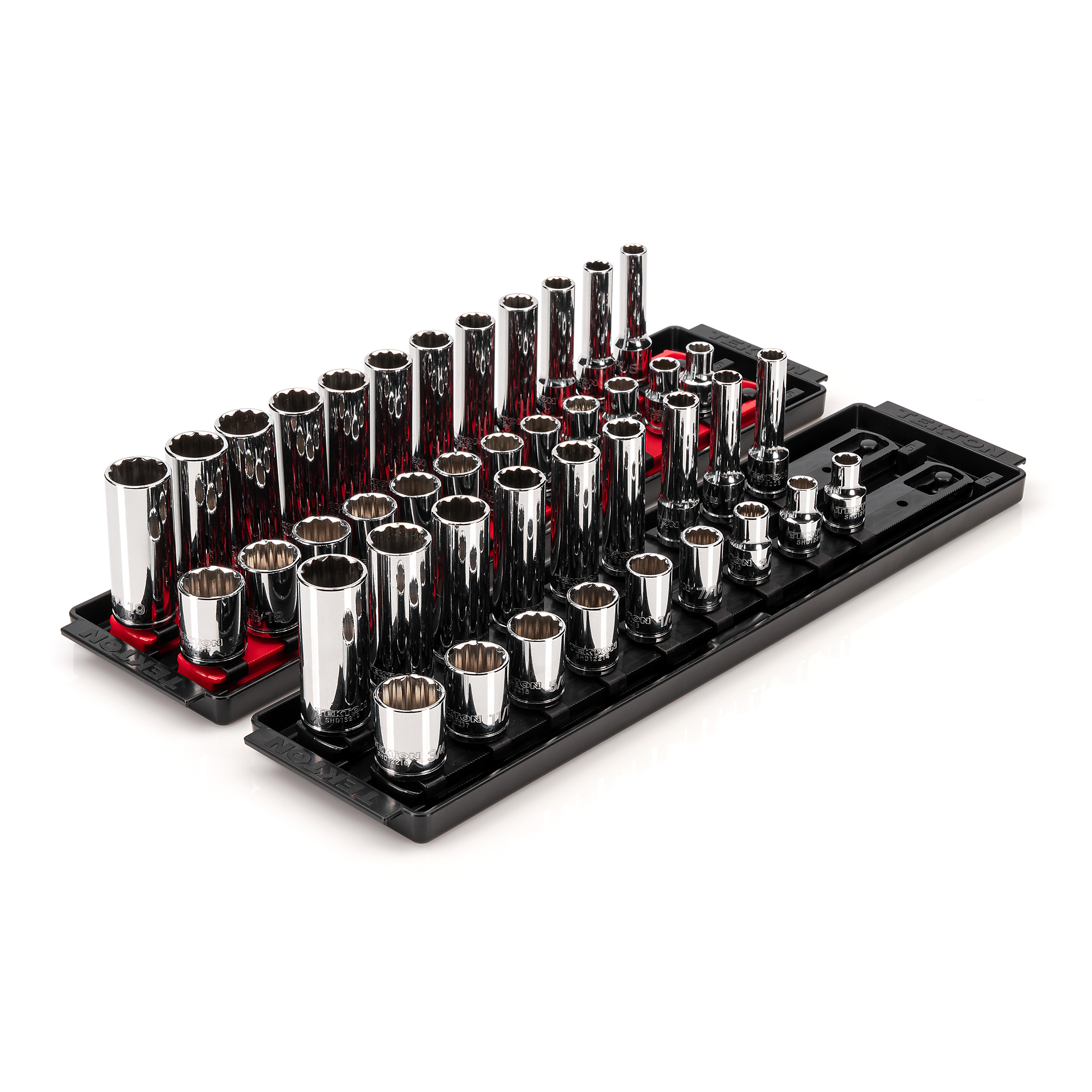 TEKTON 3/8 Inch Drive Shallow and Deep 12-Point Socket Set with Rails and Trays, 42-Piece (5/16 - 3/4 in., 8 - 19 mm) | SHD91219
