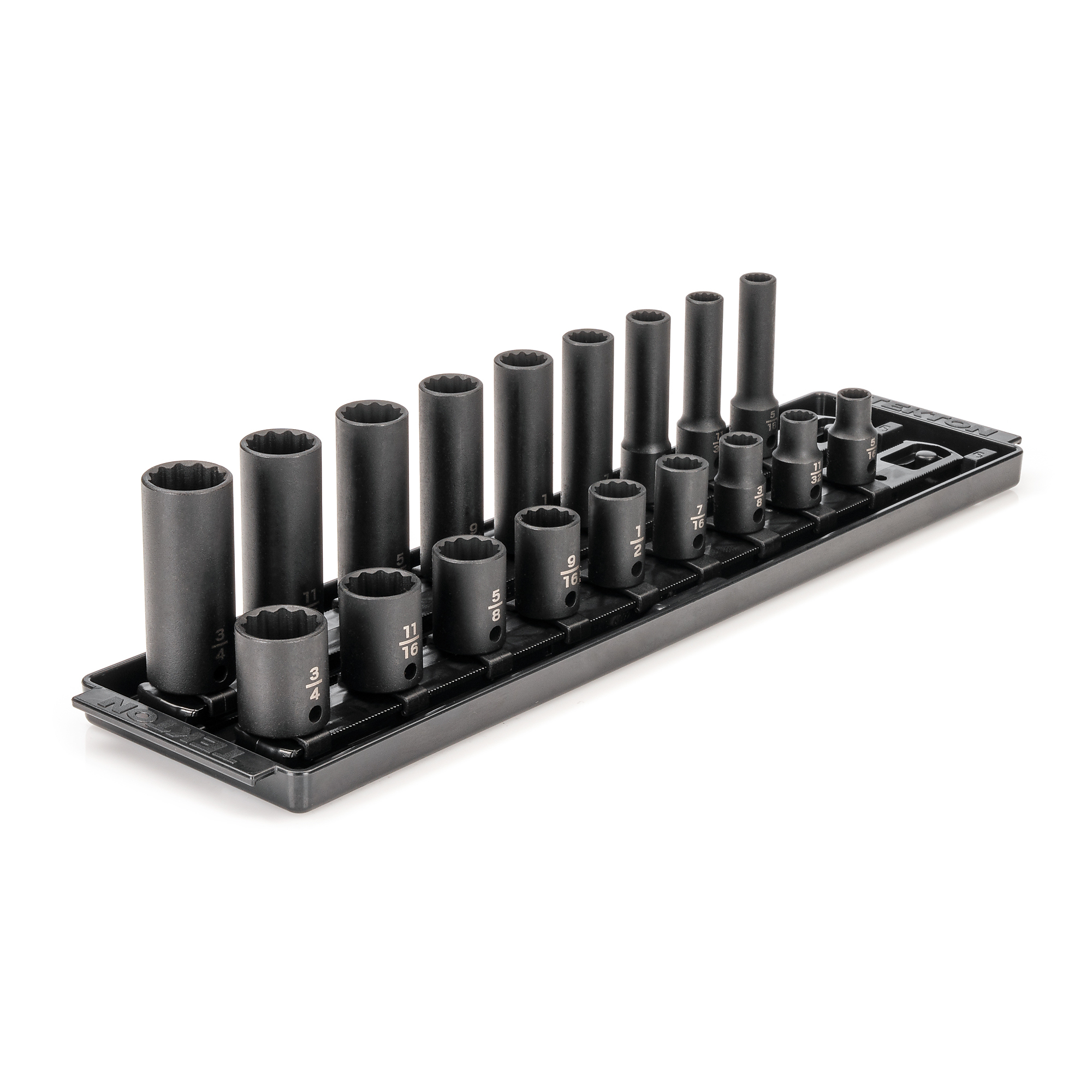 TEKTON 3/8 Inch Drive Shallow and Deep 12-Point Impact Socket Set with Rails and Tray, 18-Piece (5/16 - 3/4 in.) | SID91212