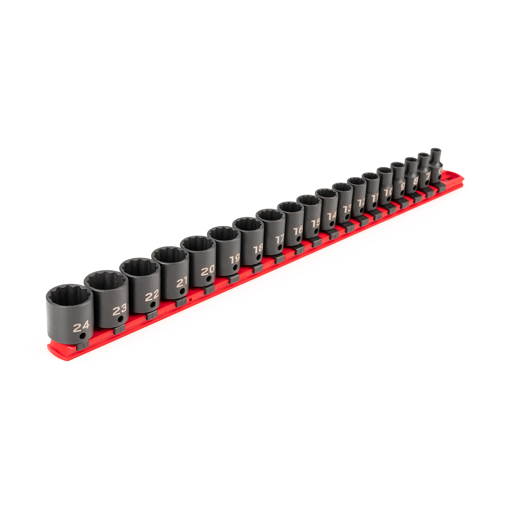 TEKTON 3/8 Inch Drive Shallow 12-Point Impact Socket Set with Rail, 19-Piece (6 - 24 mm) | SID91114