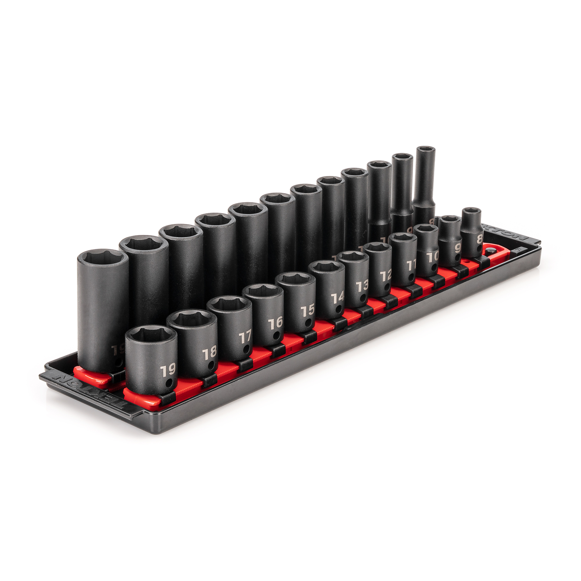 TEKTON 3/8 Inch Drive Shallow and Deep 6-Point Impact Socket Set with Rails and Tray, 24-Piece (8 - 19 mm) | SID91209