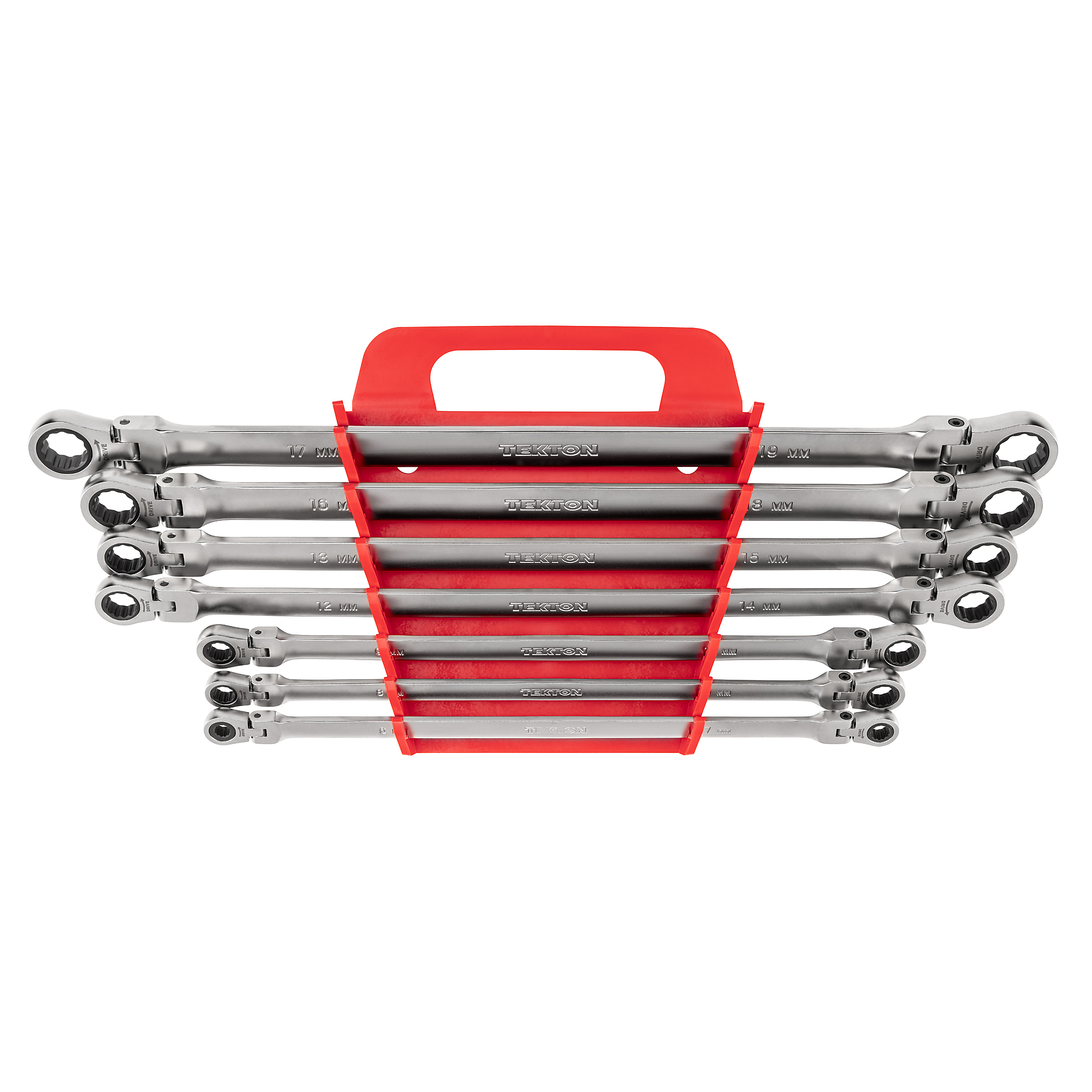 TEKTON Long Flex Head 12-Point Ratcheting Box End Wrench Set with Holder, 7-Piece (6-19 mm) | WRB96201