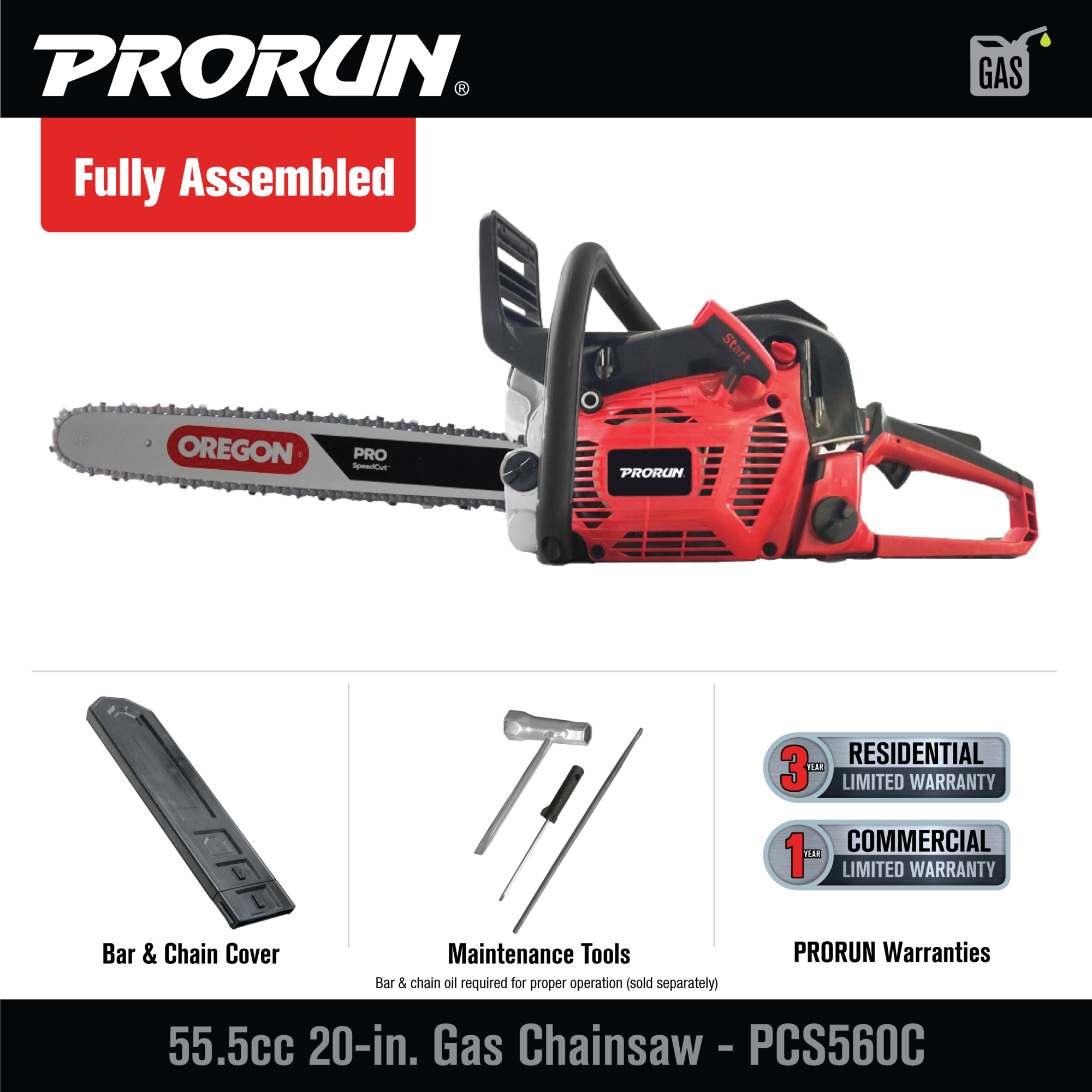 purechanman PRORUN, 55.5cc 20in. Gas 2-Cycle Commercial Chainsaw, Model