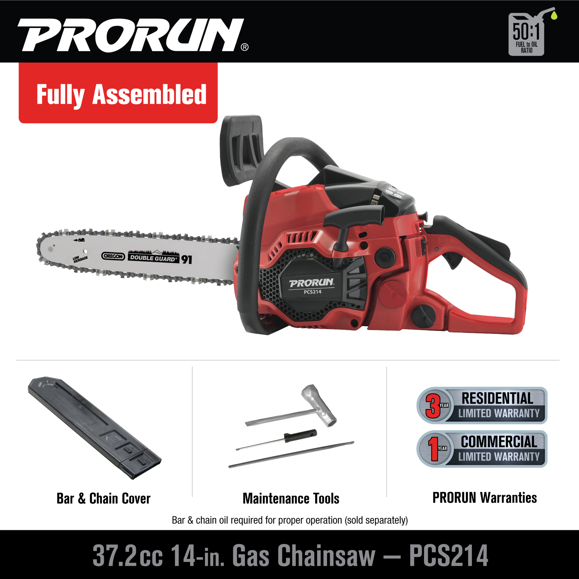 PRORUN, 37.2cc 14in. Gas-Powered 2-Cycle Chainsaw, Bar Length 14 in ...