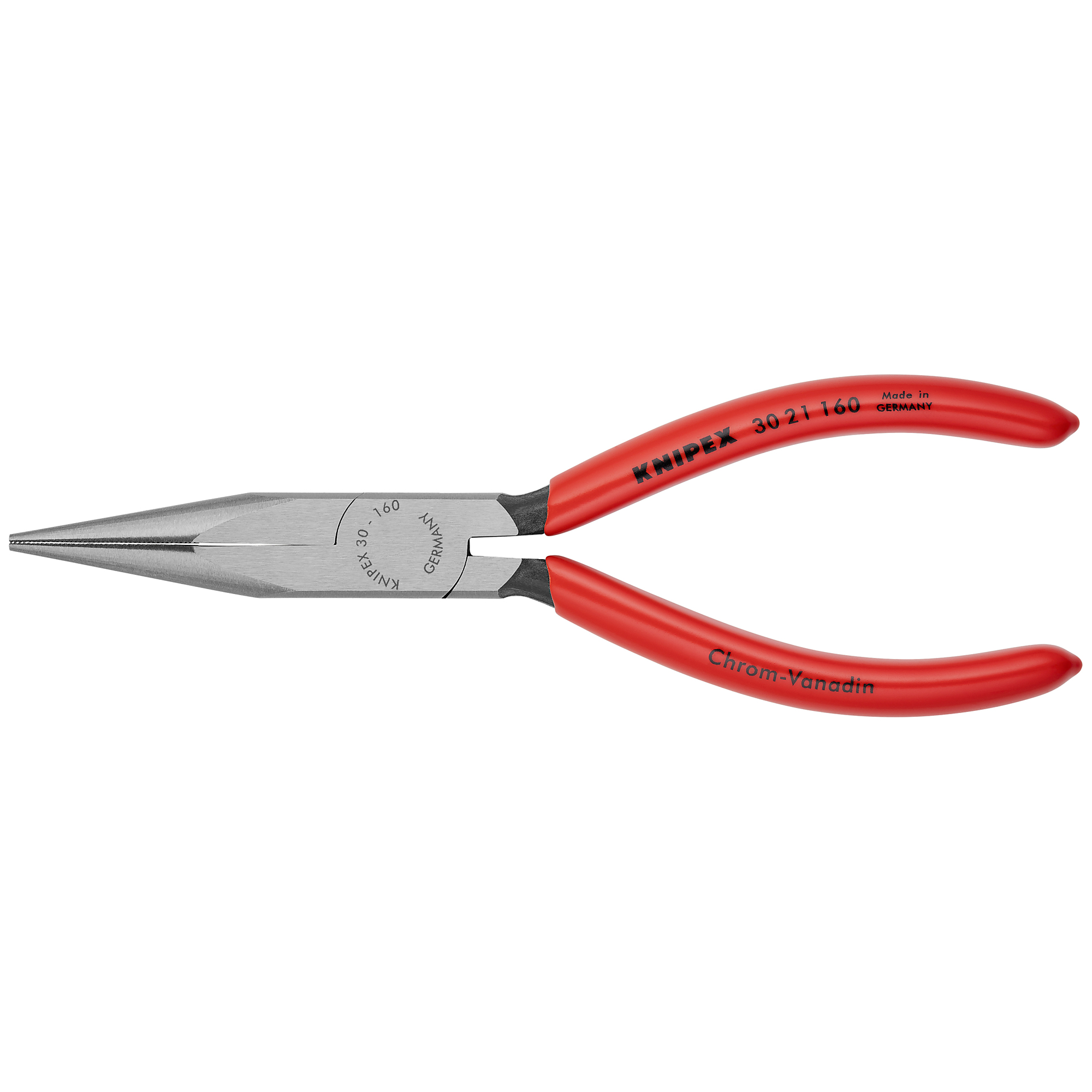 KNIPEX Long Nose Pliers - 6.25in., Half-Round Jaws, Plastic Coat, Chrome Vanadium, Model# 30 21 160