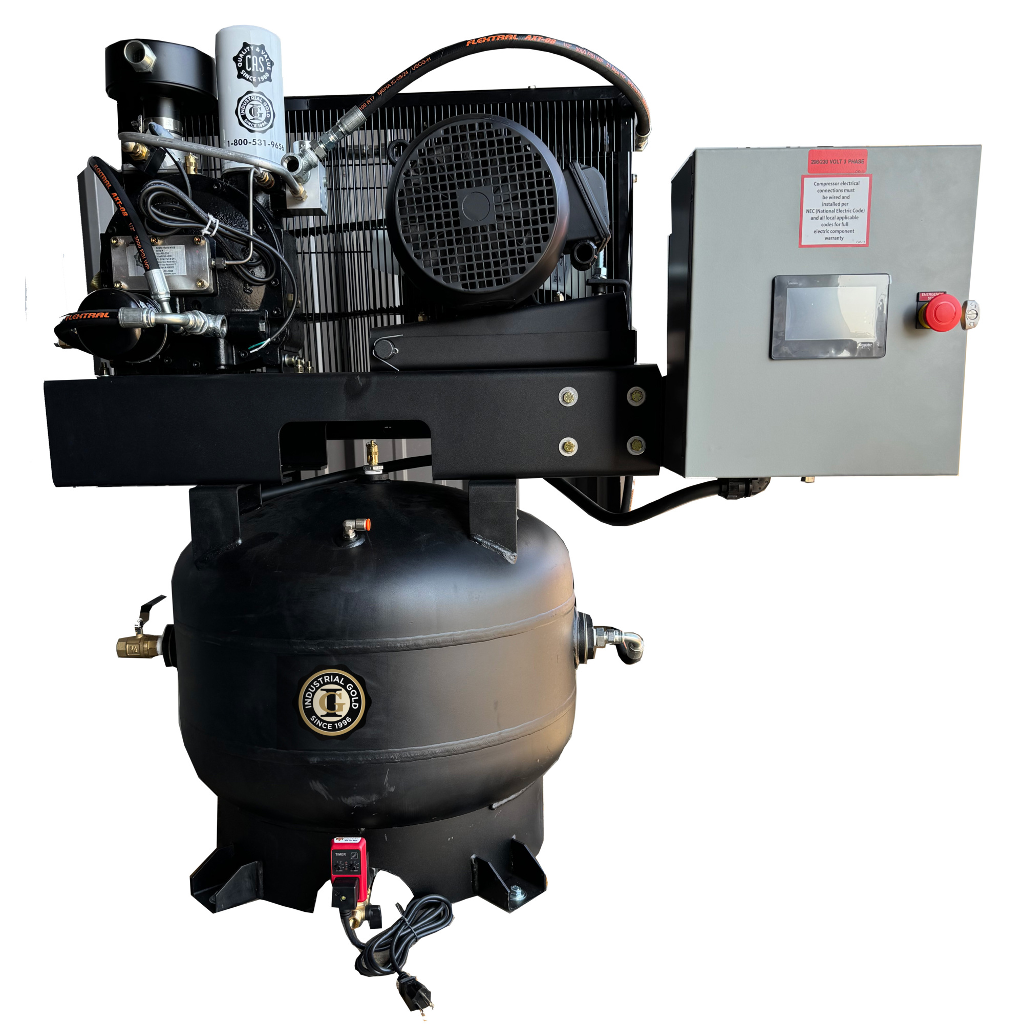 Industrial Gold, 10hp 3 phase 208-230V 30 Gallon Tank Mount Rotary, Horsepower 10 HP, Air Tank Size 30 Gal, Volts 208-230 Model# R103V33