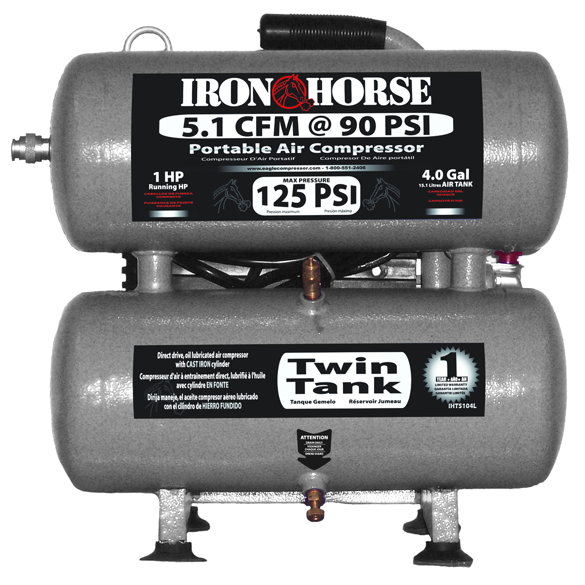 Iron Horse, 4Gal Twin Stack Compressor ,Air Hose, Accessories, Horsepower 1 HP, Air Tank Size 4 Gal, Model# IHTS104L-AK