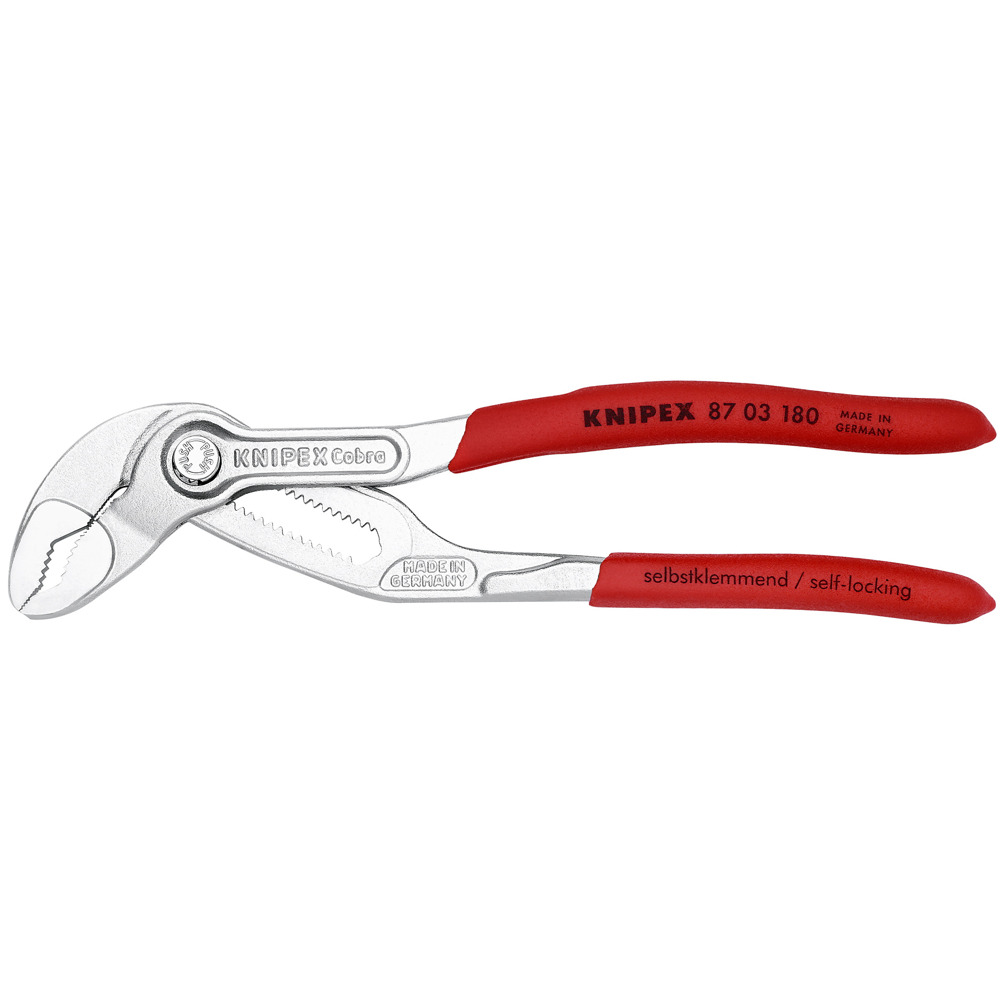 KNIPEX, Cobra Water Pump Pliers, Plastic Coating, 7.25in., Pieces (qty.) 1 Material Chrome Vanadium, Jaw Capacity 1.5 in, Model# 87 03 180