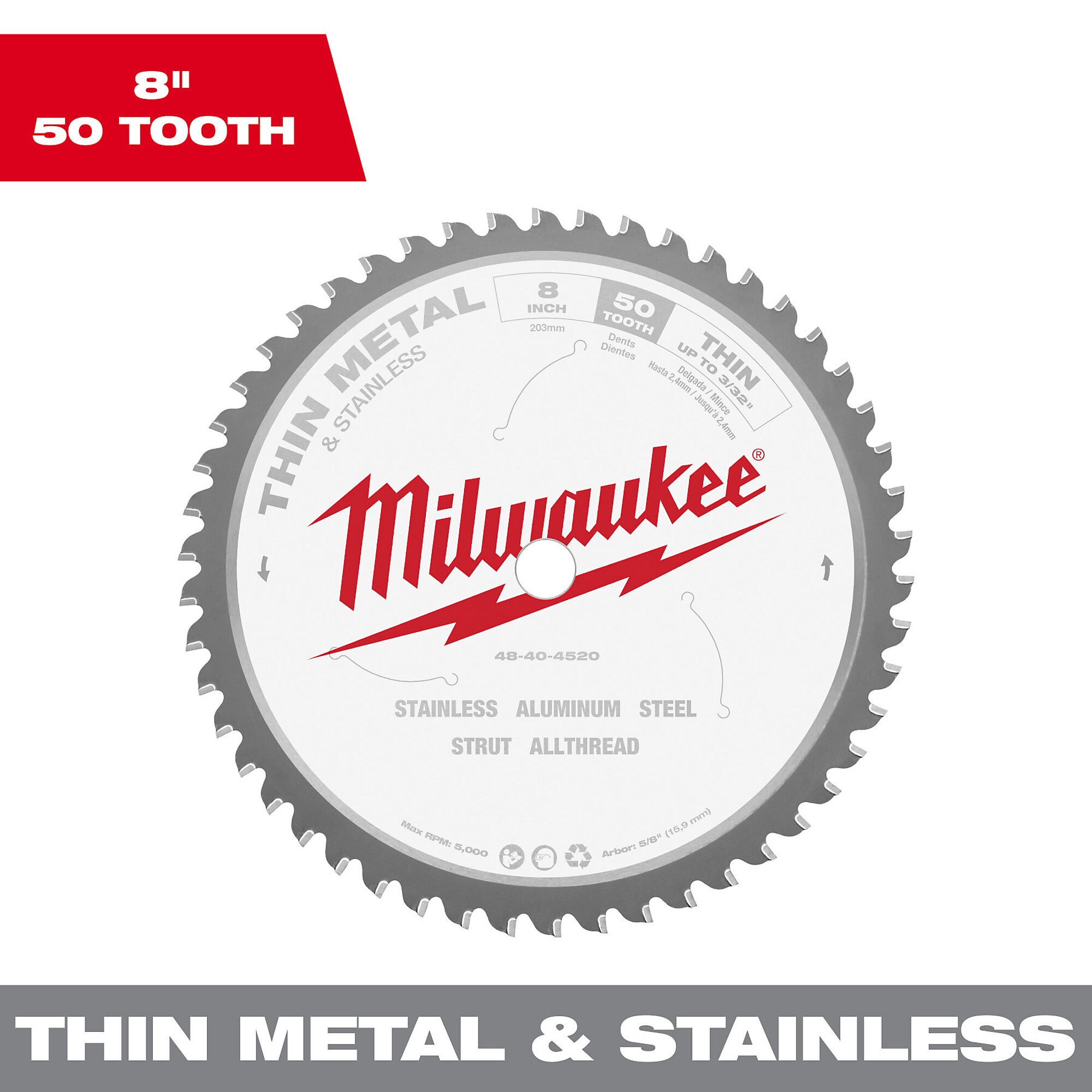 Milwaukee 8in. 50T Dry Cut Cermet Tipped Metal Circular Saw Blade, Model# 48-40-4520