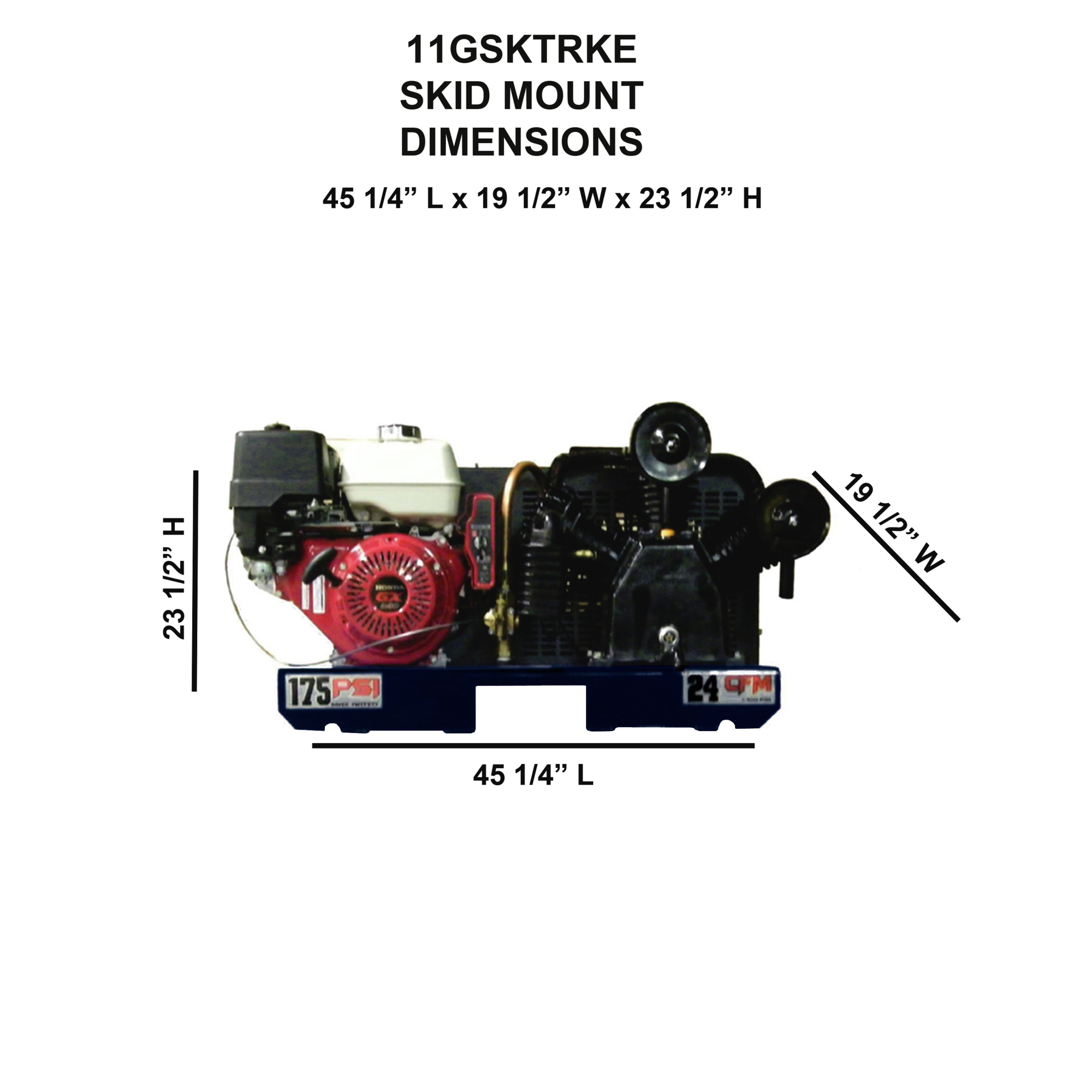 EAGLE, 24 CFM Skid Mount No Tank, Horsepower 13 HP, Air Tank Size 30 Gal, Model# 11GSKTRKE