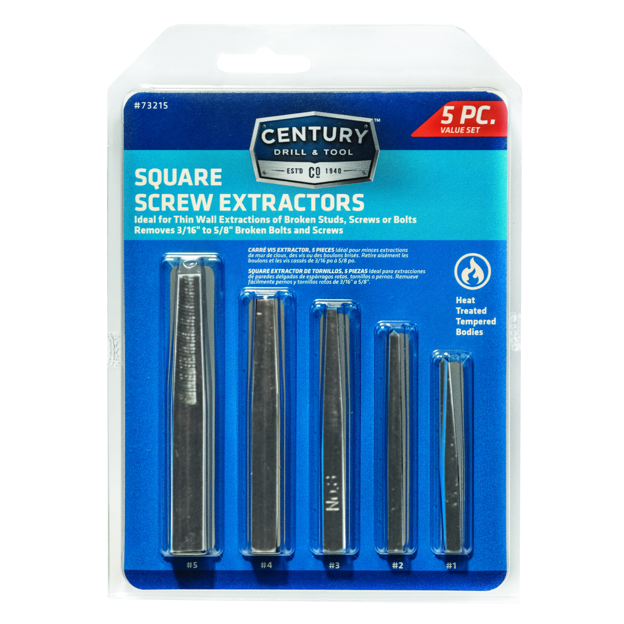 Century Drill & Tool Co. Inc., SCREW EXT SQ FLUTE 5PC SET NO1 NO2 NO3 NO4 AND NO5 Extractor Type Screw, Pieces (qty.) 5 Material Alloy Steel, Model# 73215