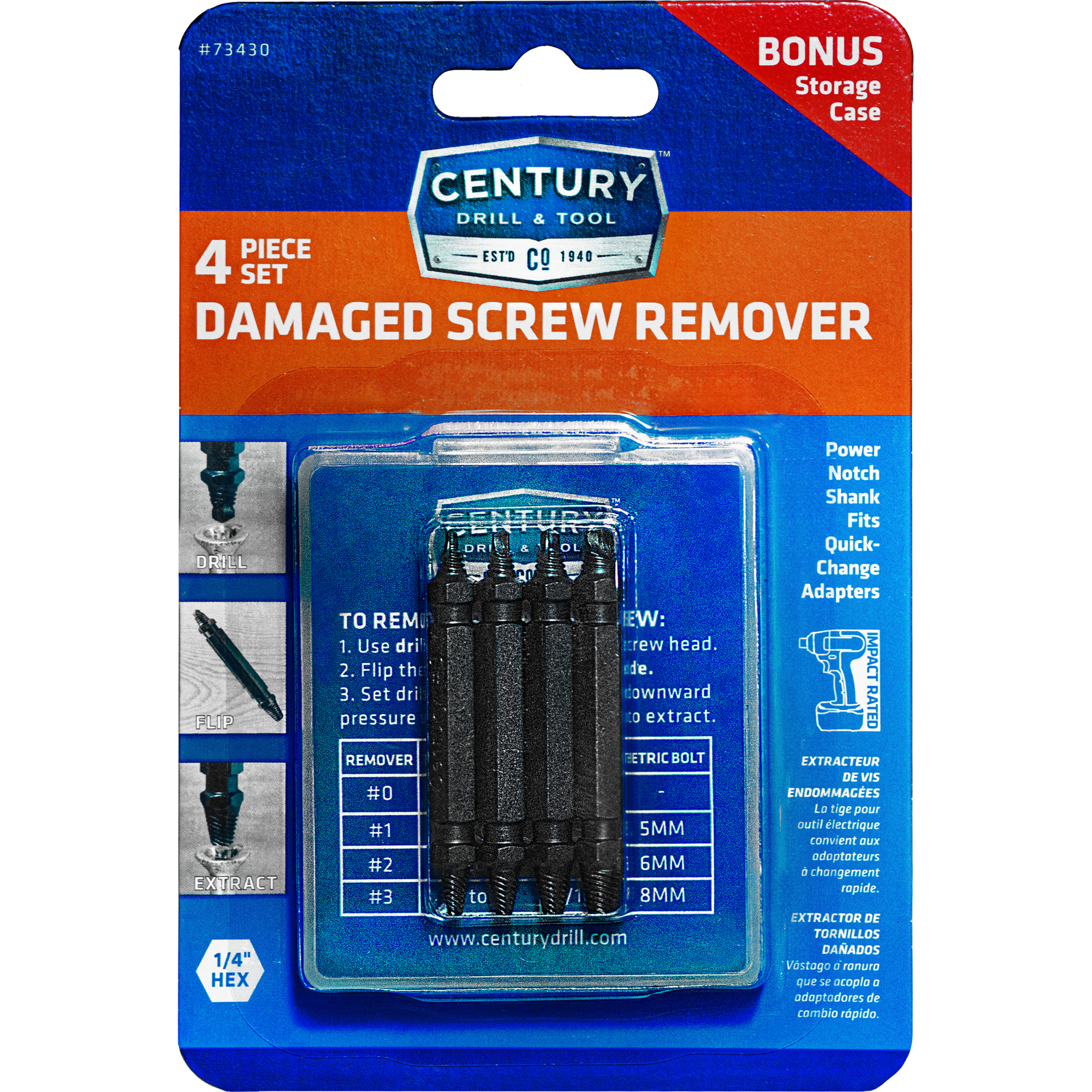 Century Drill & Tool Co. Inc., DAMAGED SCREW REMVR 4PC SET NO0 NO1 NO2 NO3 SPIRAL, Extractor Type Screw, Pieces (qty.) 4 Material Steel, Model# 73430