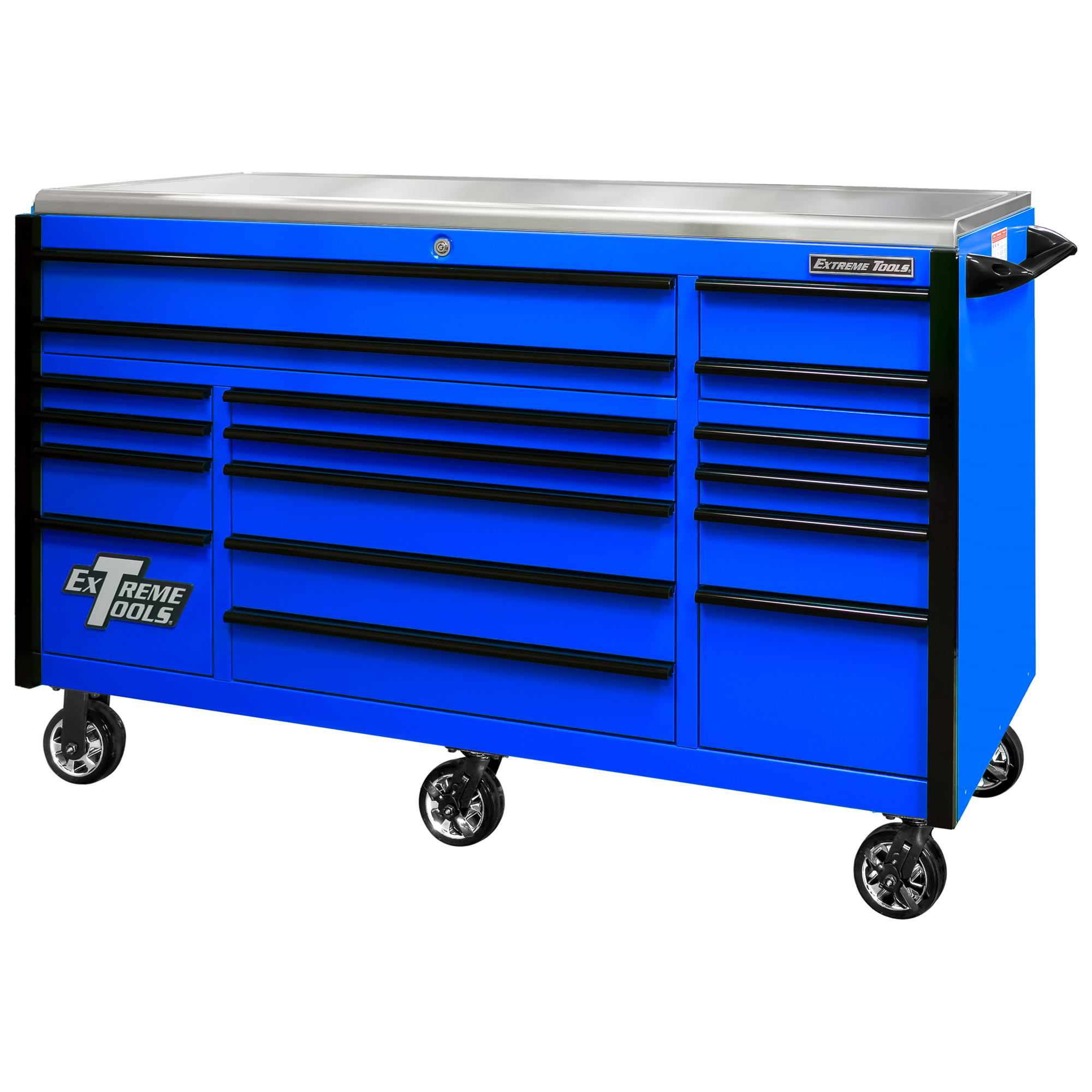 Extreme Tools EXQ Series 72in. Professional Triple Bank Roller Cabinet - 17 Drawers, Stainless Steel Work Surface, Blue, Model# EX7217RCQBLBK