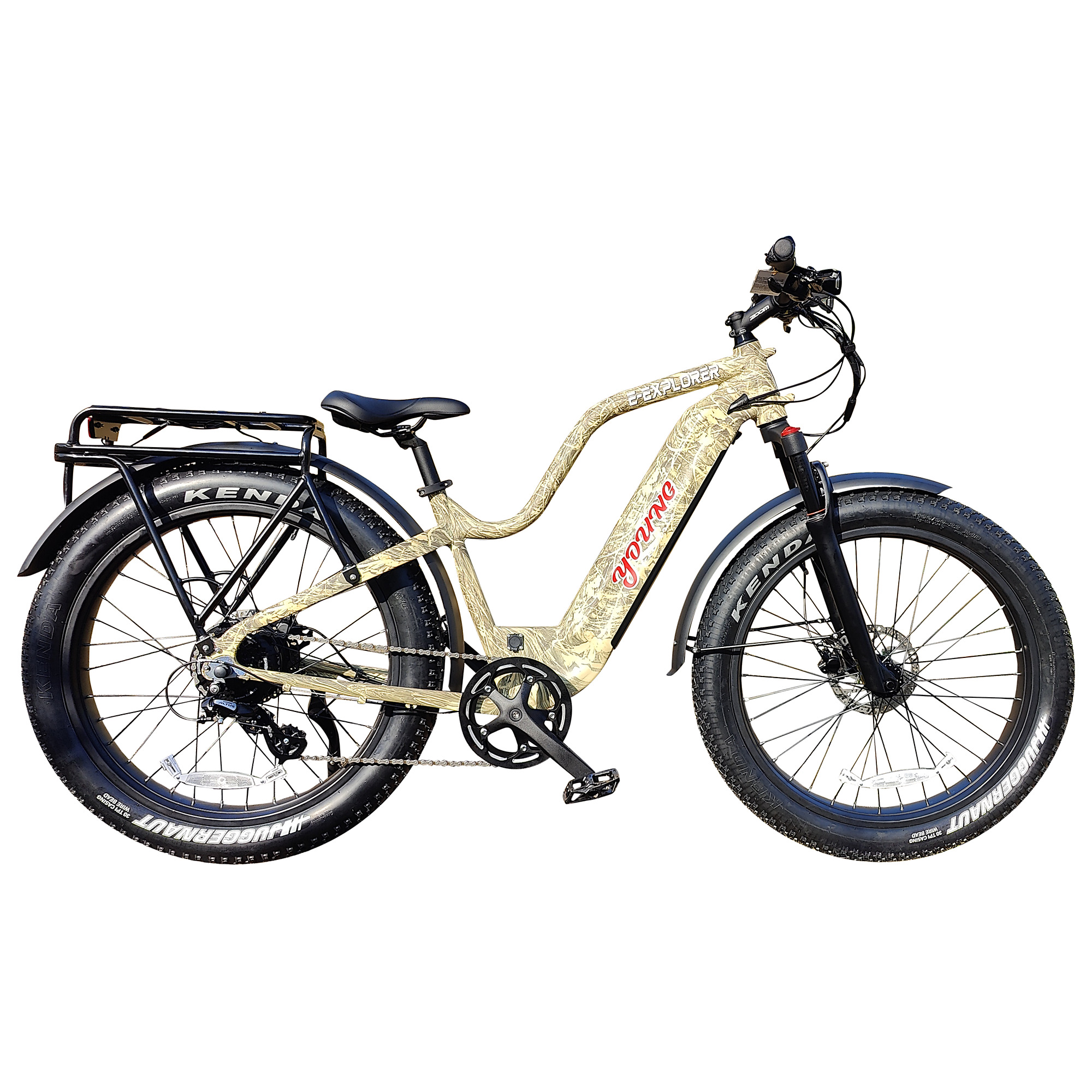 Young Electric E-Explorer L Single Battery Electric Bike — 1000W Motor, Desert Camo, 28 MPH Max Speed, 330-Lb. Capacity