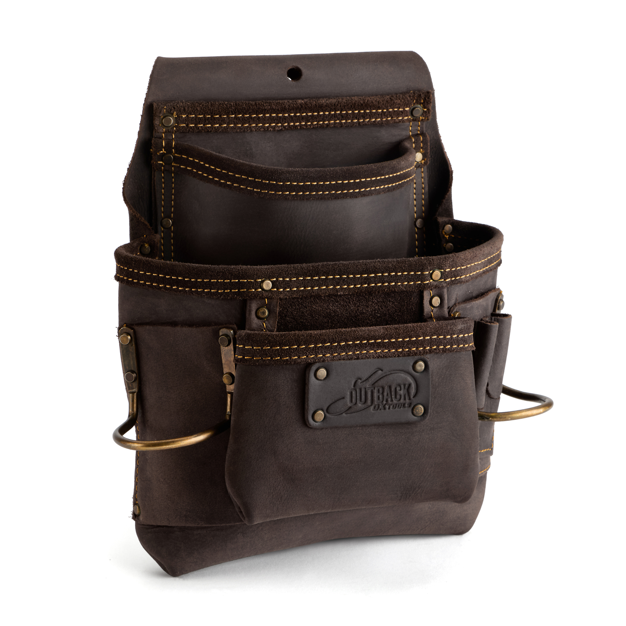 OX Tools, Pro 4 Pocket Pouch with Dual Hammer Holders, Color Brown, Pockets (qty.) 4 Material Leather, Model# OX-P263701D