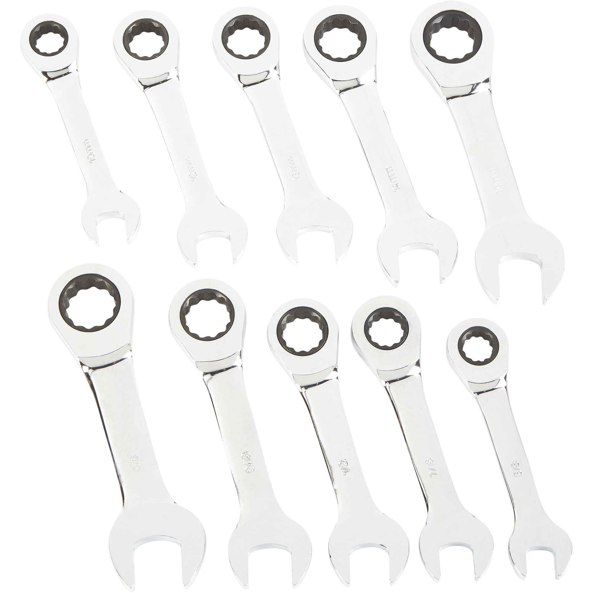 Klutch SAE/Metric Stubby Ratcheting Wrench Set, 10-Pc.