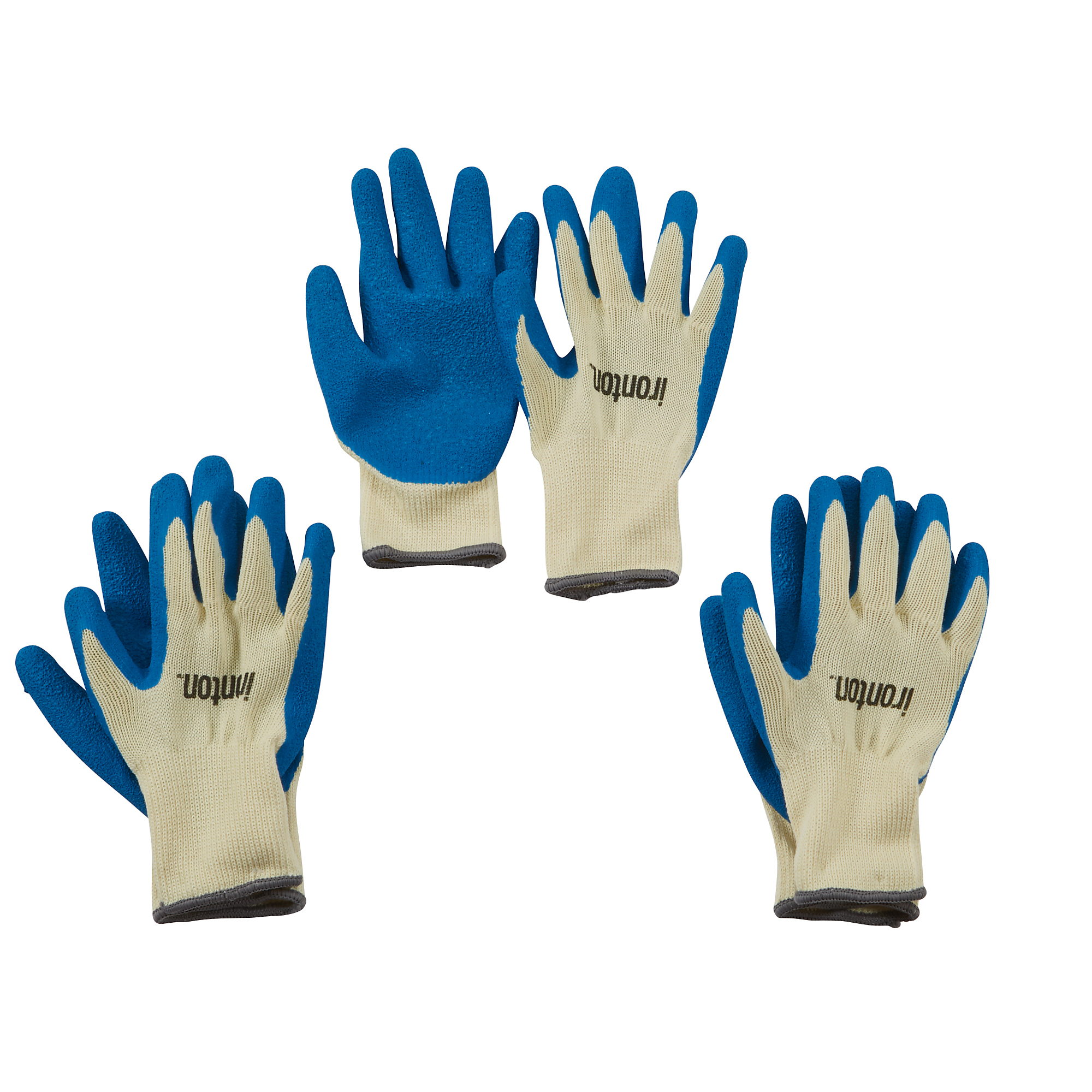 Ironton Latex-Coated Work Gloves, 3 Pairs, Blue/Gray