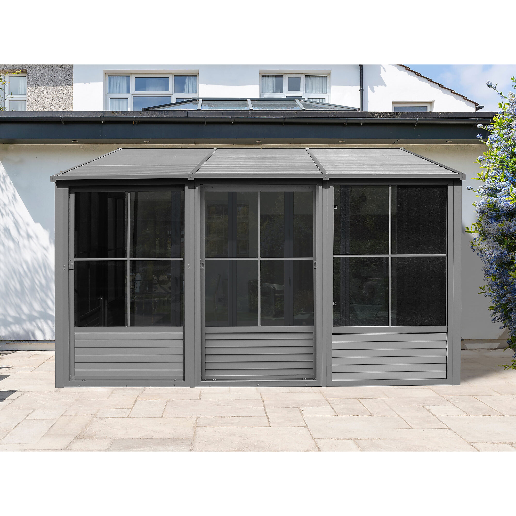 Gazebo Penguin, Wall Mounted Solarium 8x16 Metal Roof, Color Gray 