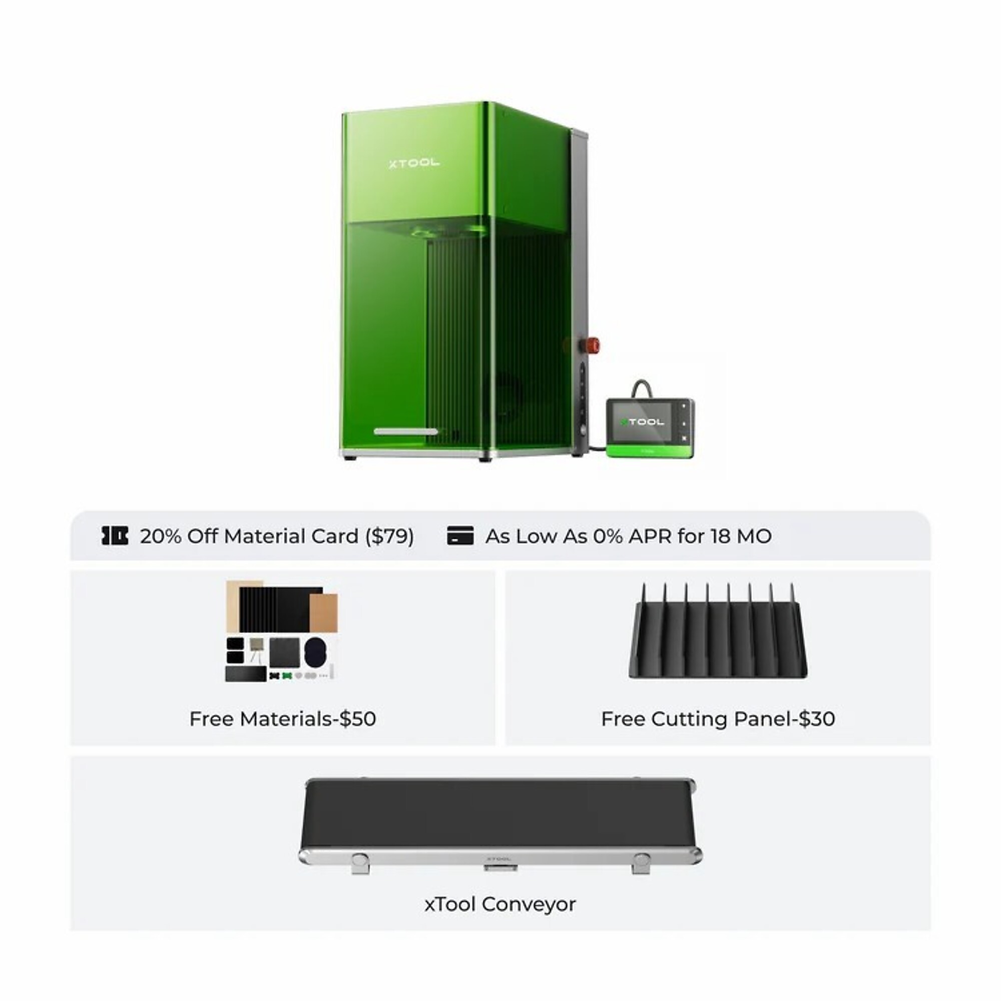 xTool, Laser Cutter and Engraver, Working Width 14.68 in, Working Length 10.77 in, Laser Power 20 W, Model# xTool F1 Ultra+Conveyor Belt
