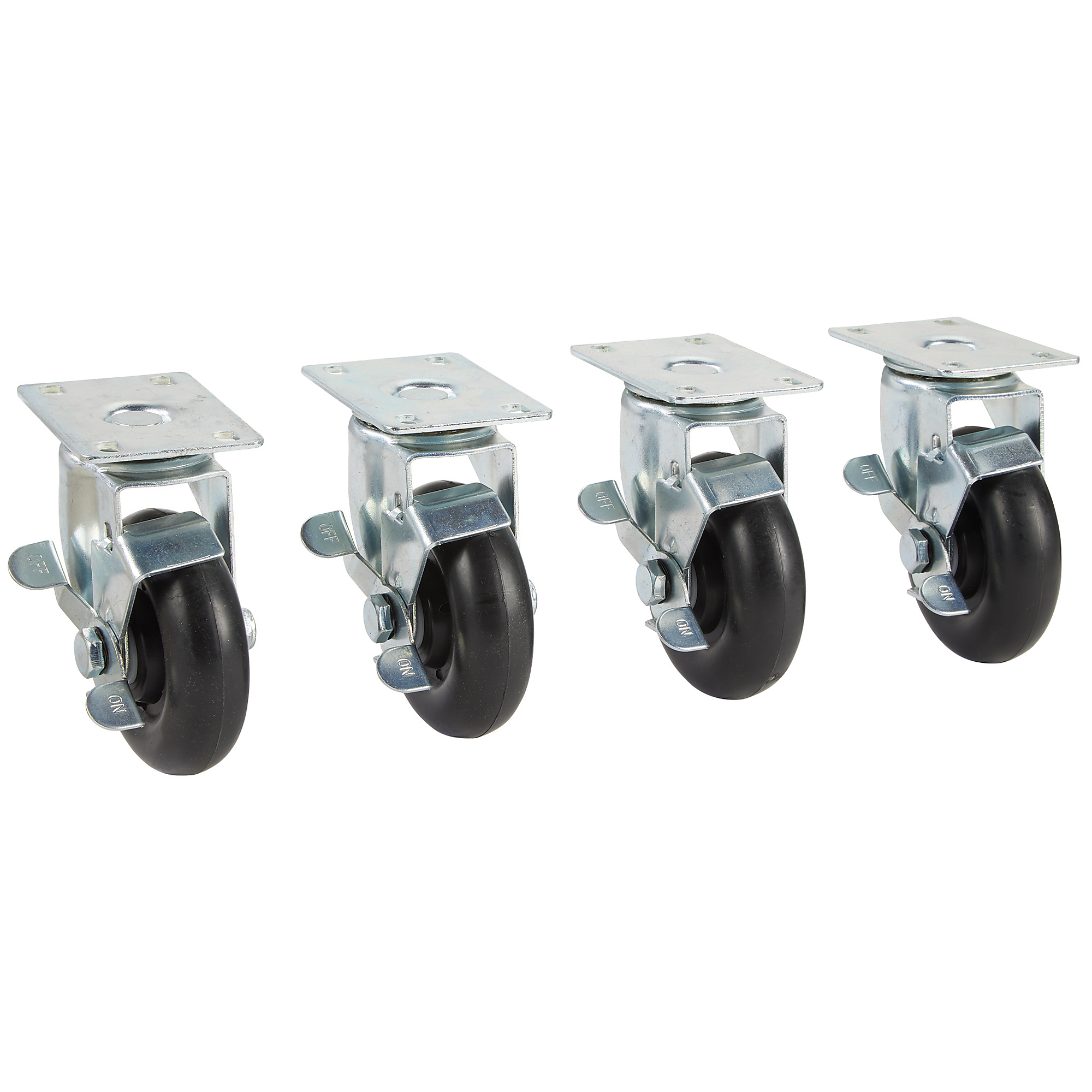 Klutch 3in. Poly Swivel Casters with Brake, 4-Pack, 1000-Lb. Capacity Set