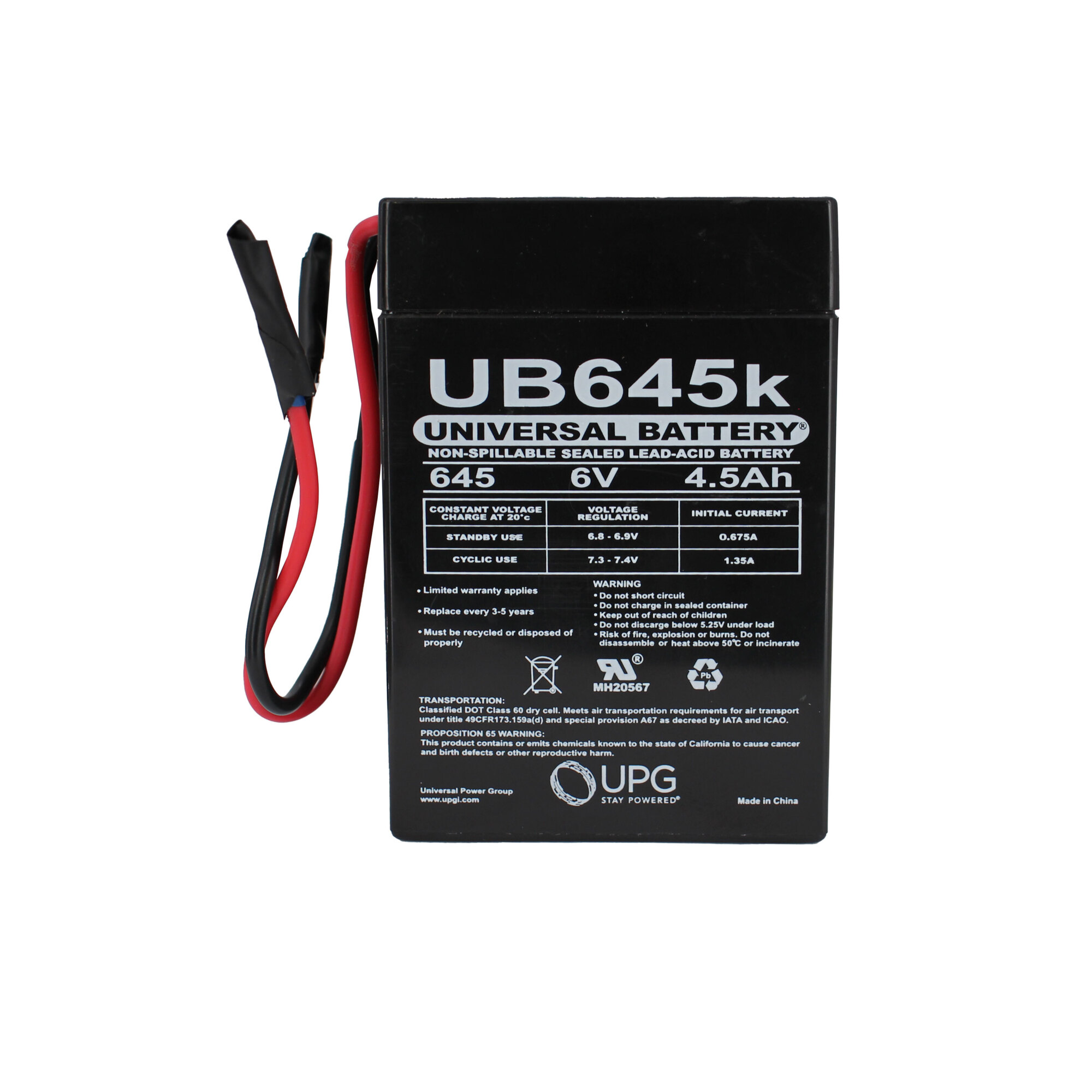 UPG 6V, 4.5Ah Battery, WL Tabs, Model# UB645WL