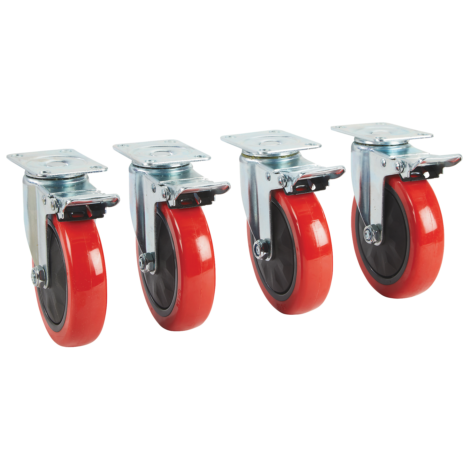 Klutch 5in. Poly Swivel Casters with Brakes, Red, 4-Pk., 1320-Lb. Capacity