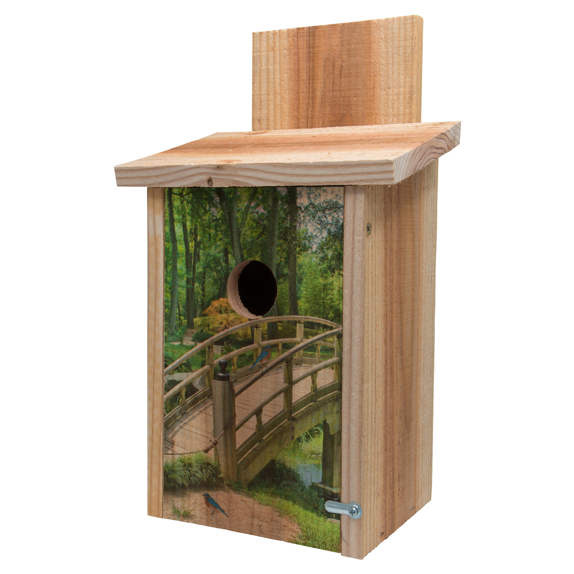 S&K Manufacturing Cedar Blue Bird House - Bridge Design, Attaches to T-Post or Tree, Model# BBHC-6