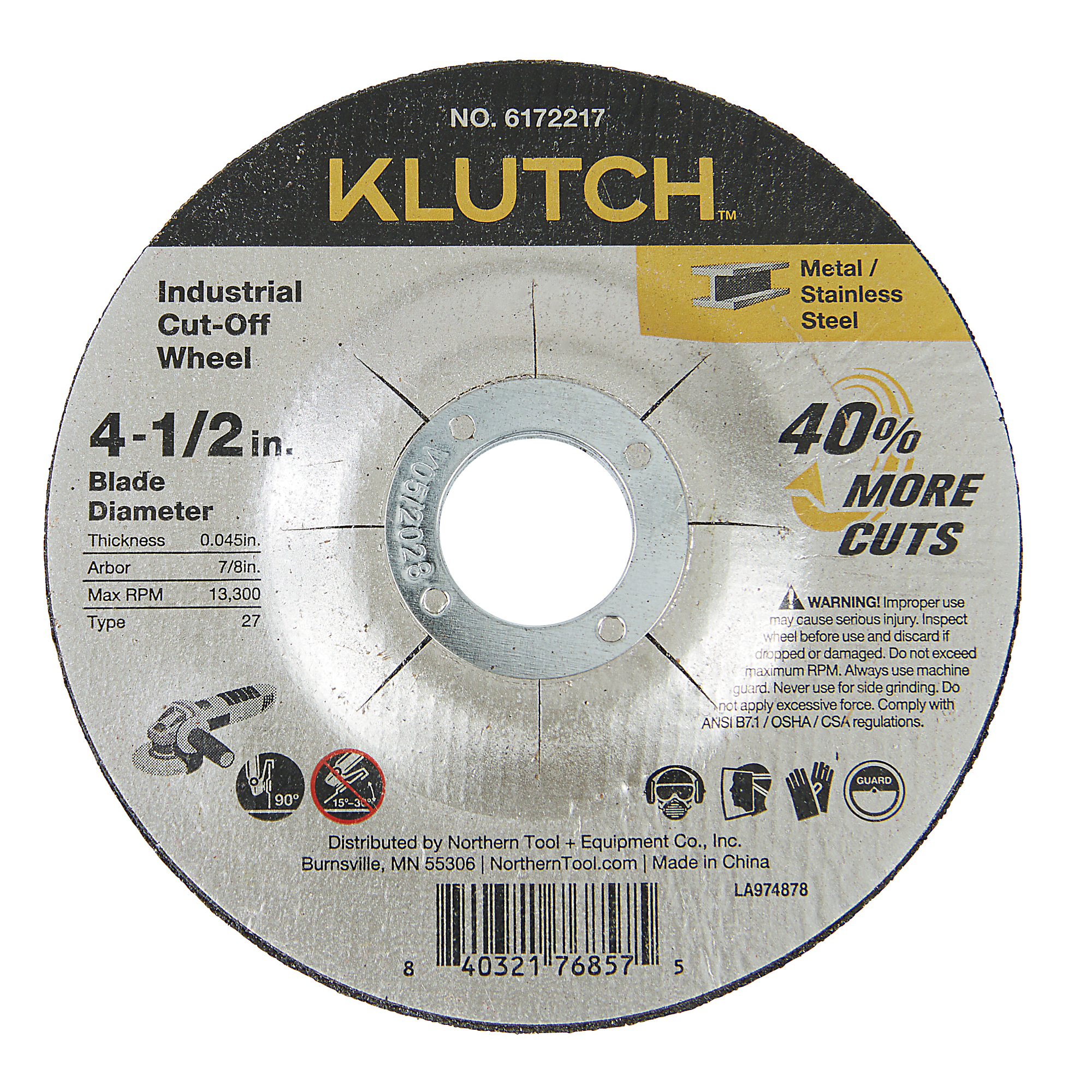 Klutch Industrial Metal Cutoff Wheel, 4-1/2in. x 0.045in. x 7/8in., Type 27