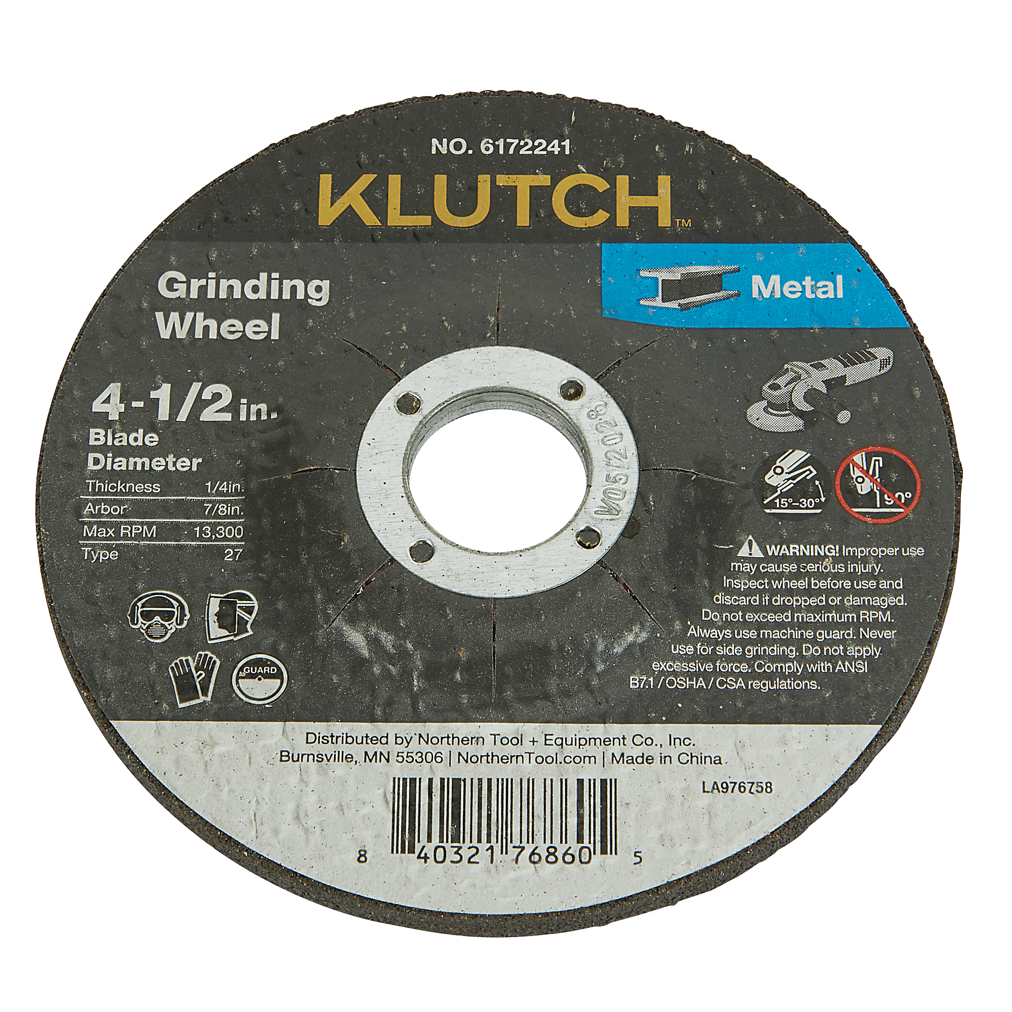 Klutch Metal Grinding Wheel, 4-1/2in. x 1/4in. x 7/8in., Type 27