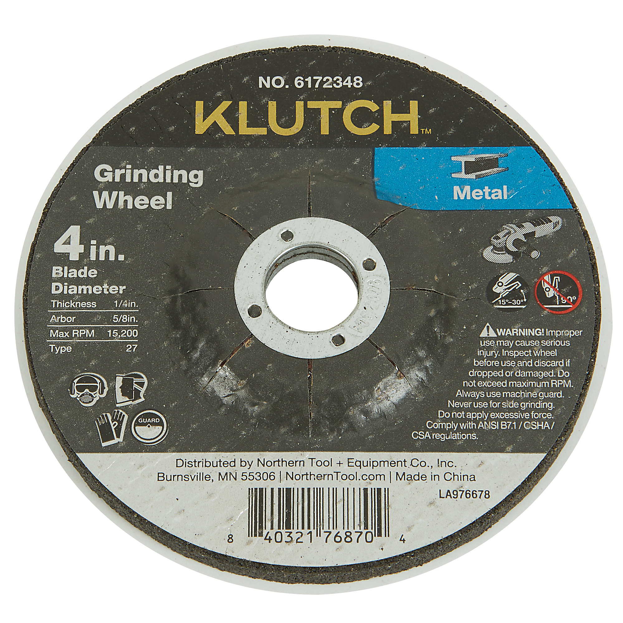 Klutch Metal Grinding Wheel, 4in. x 1/4in. x 5/8in., Type 27